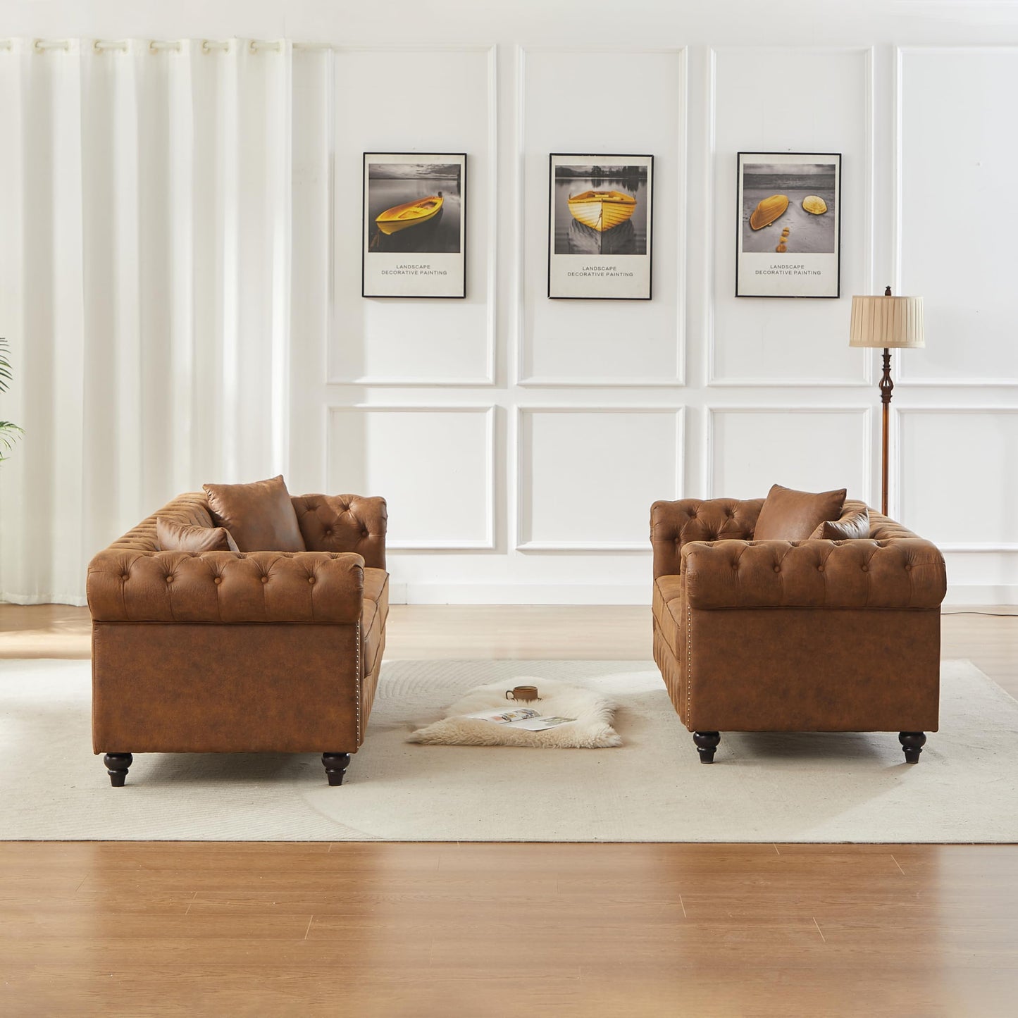 KEIKI Chesterfield Sofa, Retro Style Upholstered 3+3 Seats Tech Fabric Couch with Rolled Arm for Living Room Bedroom Office, Brown
