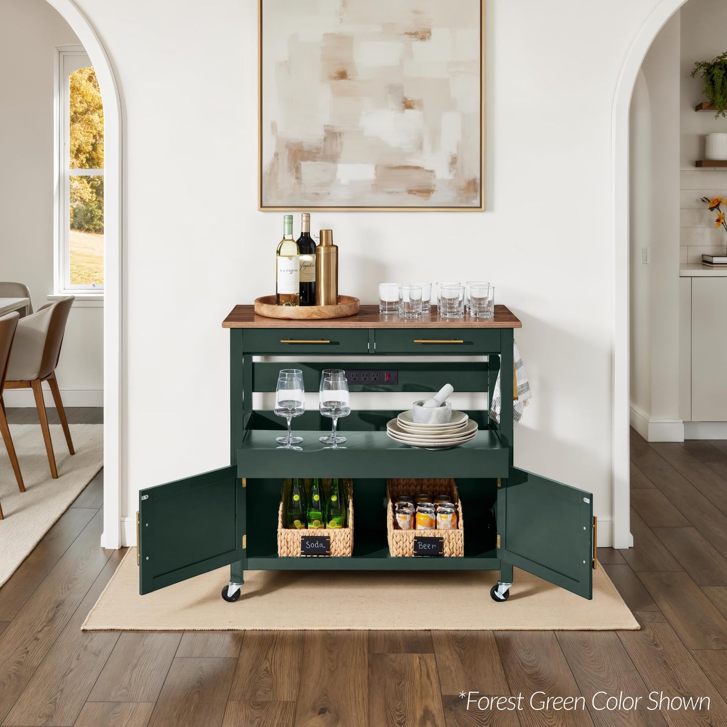 Best Choice Products 36in Large Rolling Kitchen Island Cart, 2-Door Cabinet, 2 Drawers, Pull-Out Shelf, Power Outlet, Hooks, & Swivel Lockable Wheels - Pistachio Green