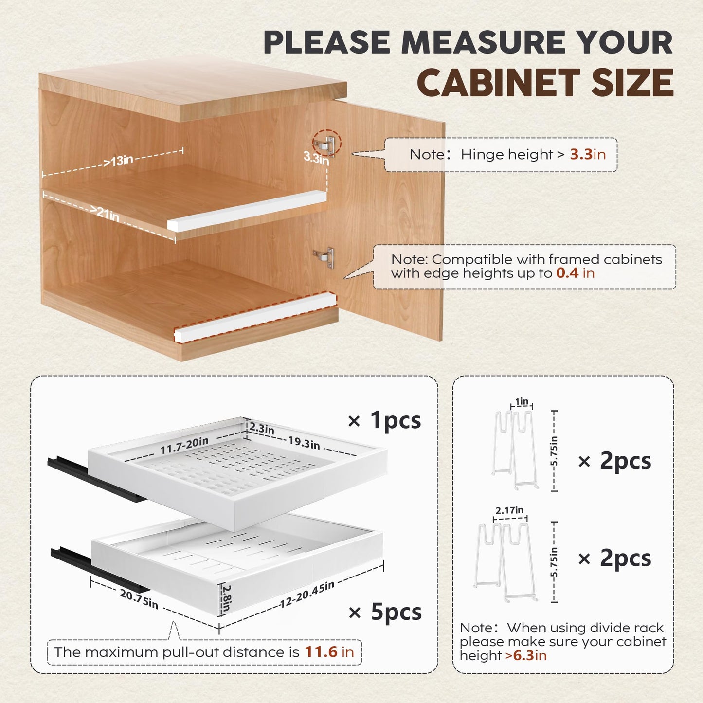Seinloes 6 Pack Pull Out Cabinet Organizers 21" Deep With Raising Pad for Framed Cabinets, Expandable Slide Out Drawers with 4pcs Divider Racks, Roll Out Shelves, Adjustable Width 12"-20.45" White