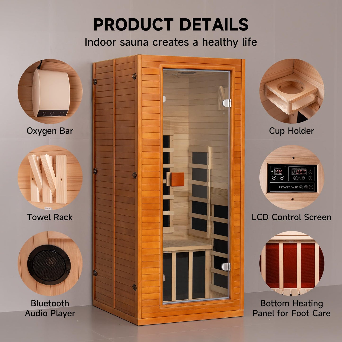 RESTISLAND Full Spectrum Infrared Sauna, 1 Person Home Infrared Sauna with Red Light Therapy, Indoor Canadian Hemlock Wood Dry Saunas Room,1178w/120v, Foot Warmer, 7 Heating Panels, Bluetooth Speakers