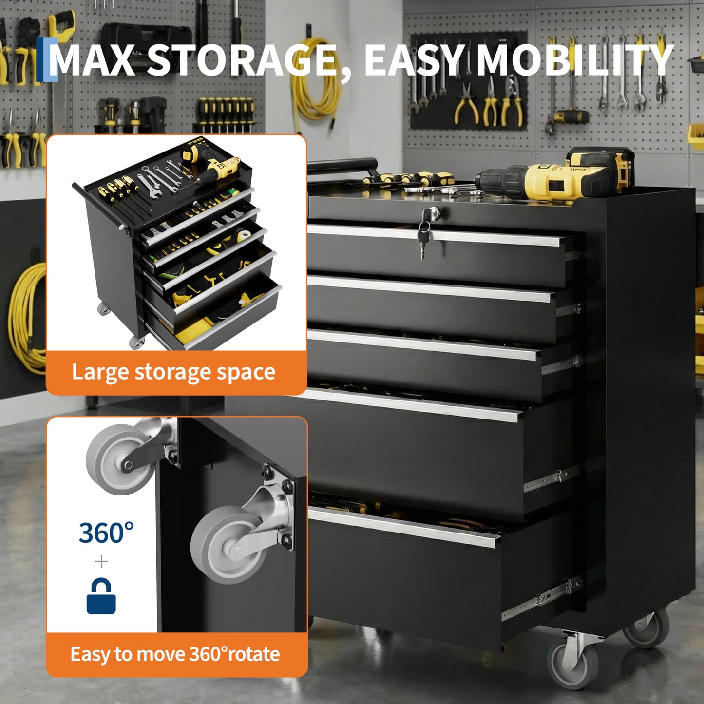 GarveeTech 5-Drawer Tool Chest, Rolling Tool Box with Wheels and Lock System, Portable Storage Rolling Tool Chest for Warehouse, Workshop & Repair Shop, Black