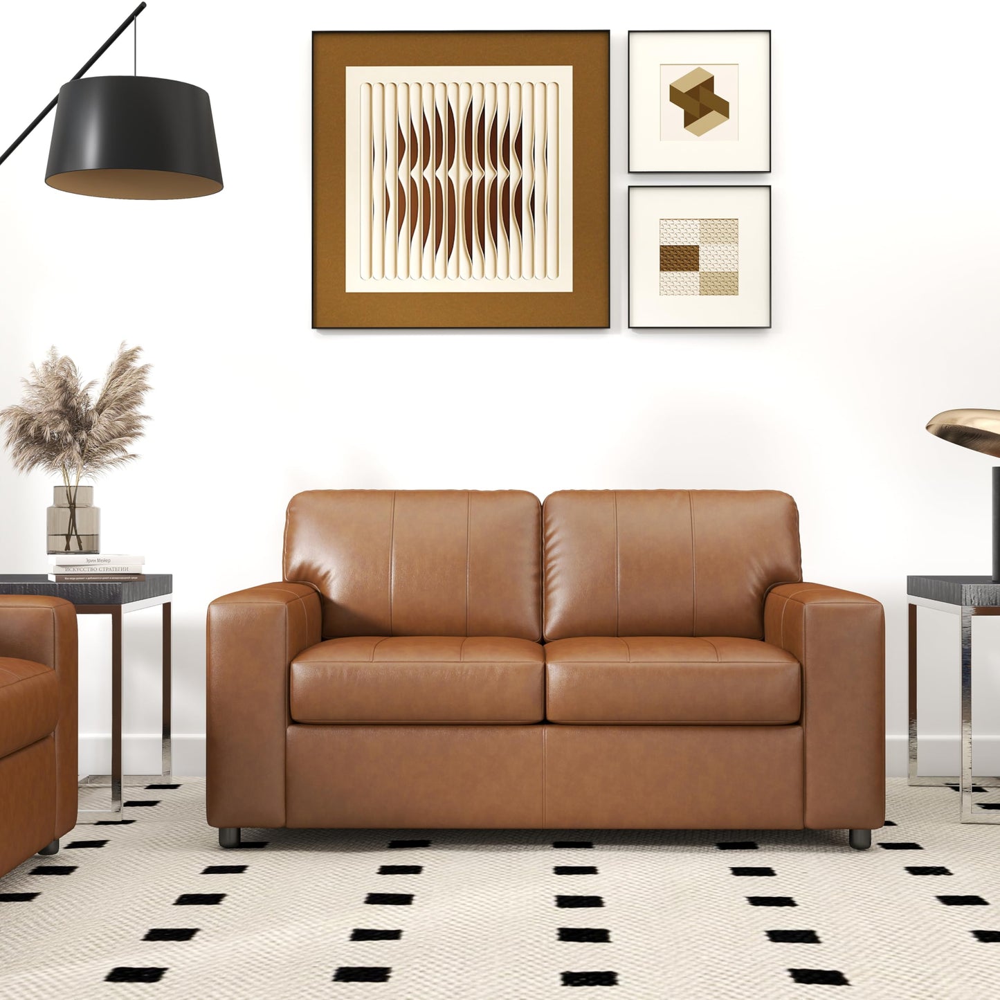 Roundhill Furniture Sakan Leather Upholstered 2-Piece Living Room Set, Sofa and Loveseat, Caramel