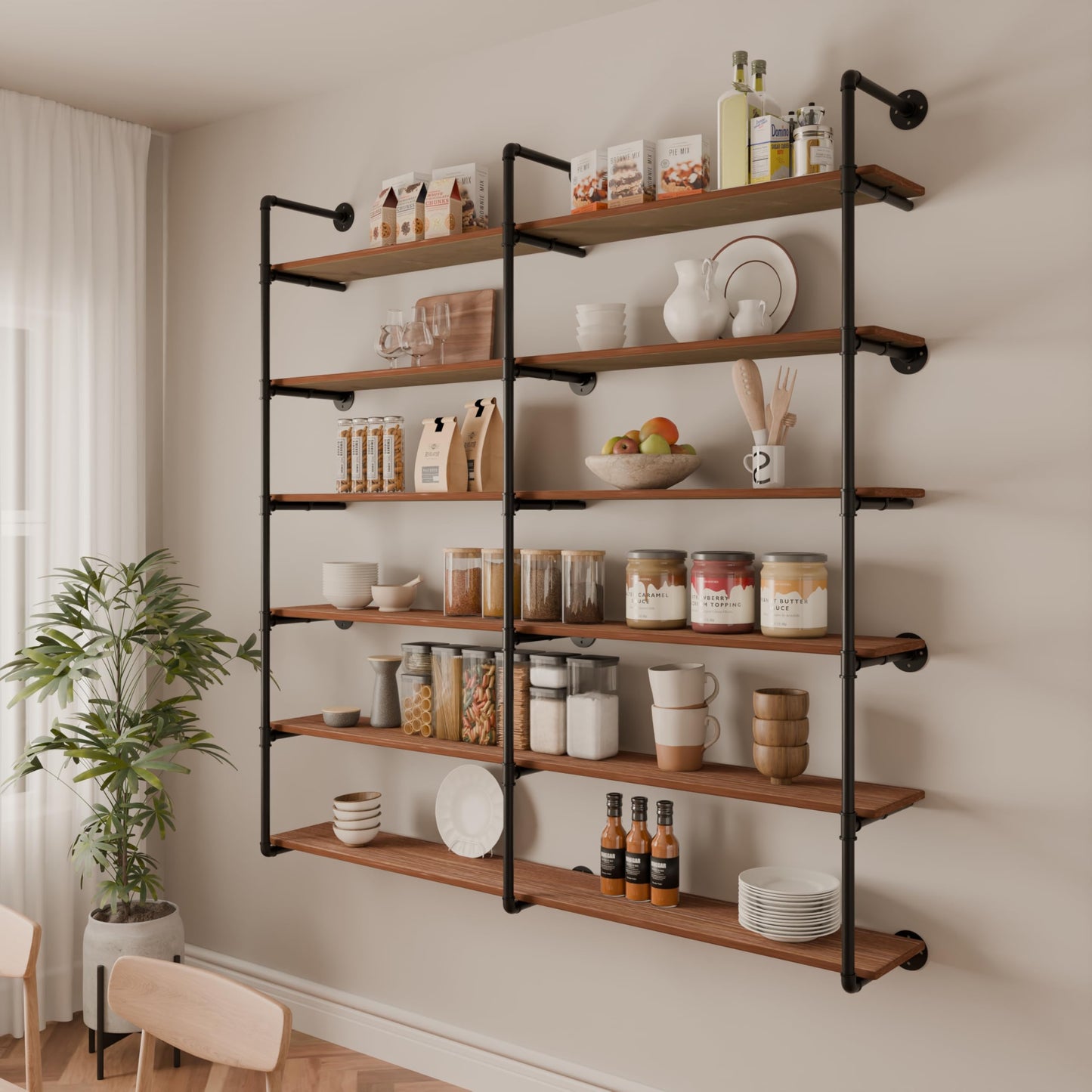 ONOTETUT 6 Tier Industrial Pipe Shelves with Wood Planks, 72 inch Iron Pipe Shelving, Retro Wall Mounted Bookshelf, Floating Bar Shelves for Kitchen,Living Room