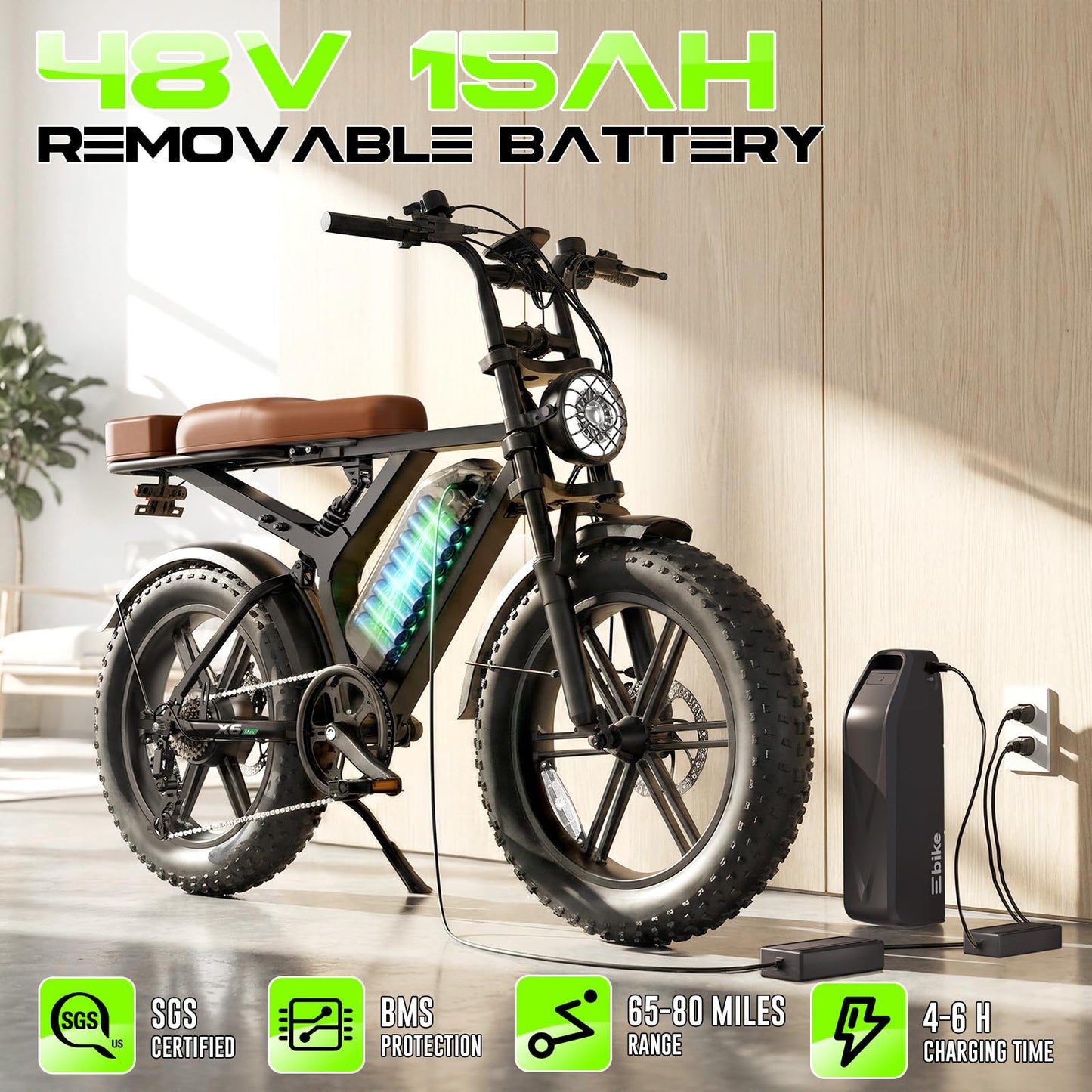 TS TST GRP LLC Electric Bike for Adults, Peak 1500W Motor Retro Ebike, Range 65Miles, 48V 15Ah Removable Battery, 20"x4" Fat Tires, Full Suspension, Off-Road E Bike for City Commuting, Midnight Black