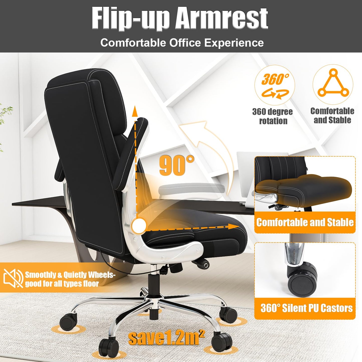 Ergonomic Leather Office Chair with Adjustable Lumbar Support, Flip-Up Armrests Desk Computer Chair, Swivel PC Chair with Rocking Function