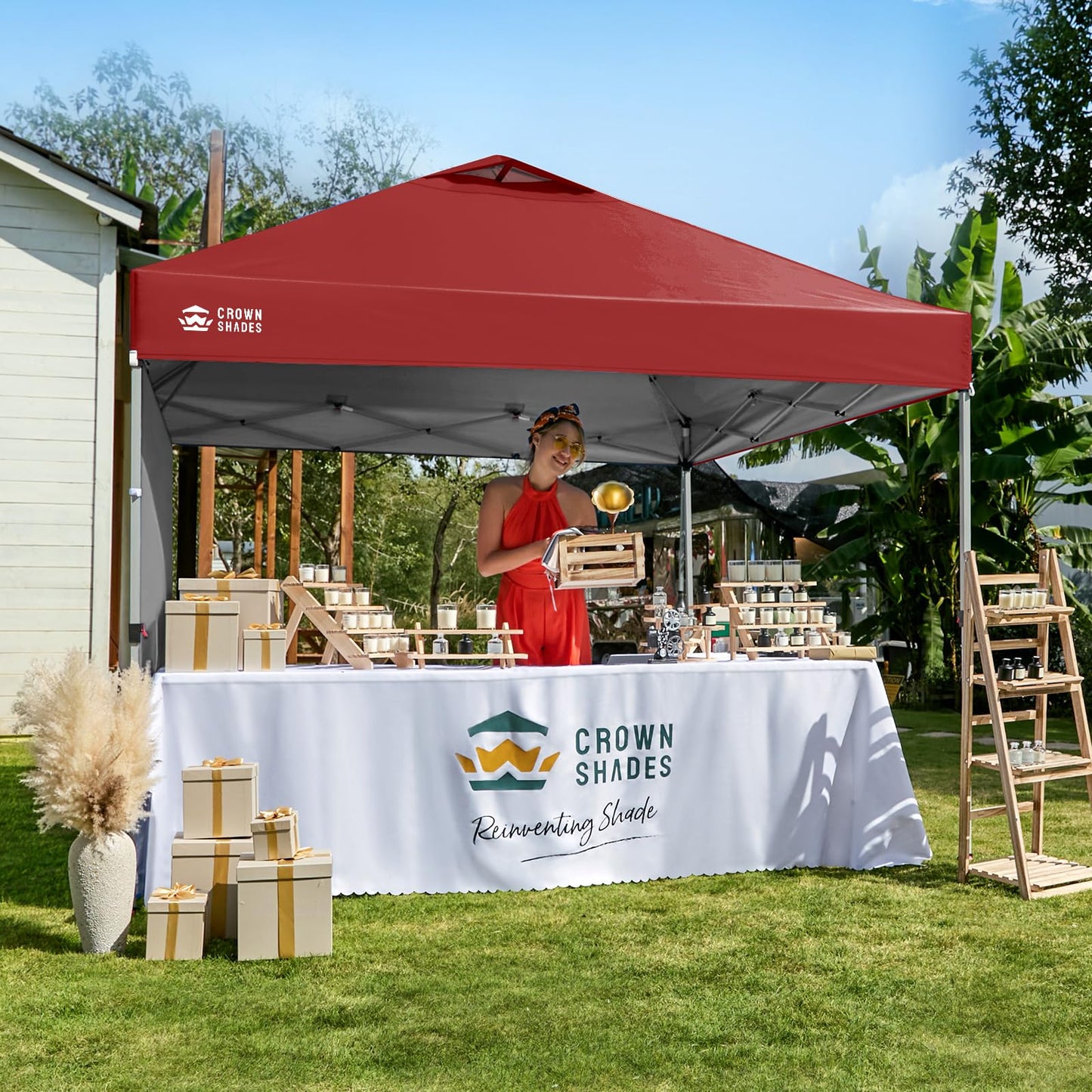CROWN SHADES 10x10 Pop Up Canopy with 1 Side Wall - Beach Tent with One Push Setup - Outdoor Sun Shade for Events, Parties, Camping - Gazebo with STO-N-Go Cover Bag (Red)
