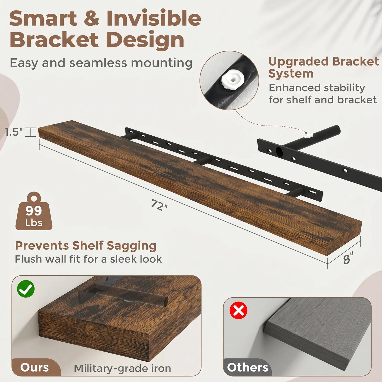 FLYJOE Floating Shelves for Wall, 72 Inch Floating Shelves Set of 2, 8" D Wooden Wall Mounted Display Shelves with Invisible Brackets for Living Room, Bedroom, Bathroom, Kitchen Decor, Brown