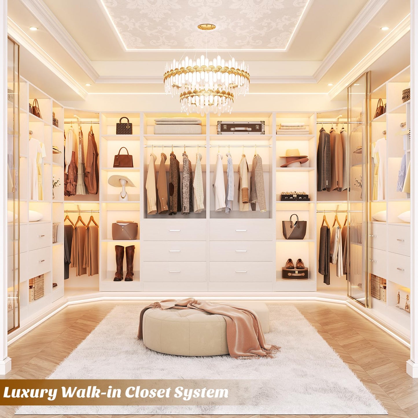 Besiost Corner Closet System with 3 Drawers, Corner Closet Organizer System with 13 Shelves & 3 Hanging Rods, 63.2"L * 39.2"W Reversible L Shaped Walk-in Closets, Load 2000+LBS, White