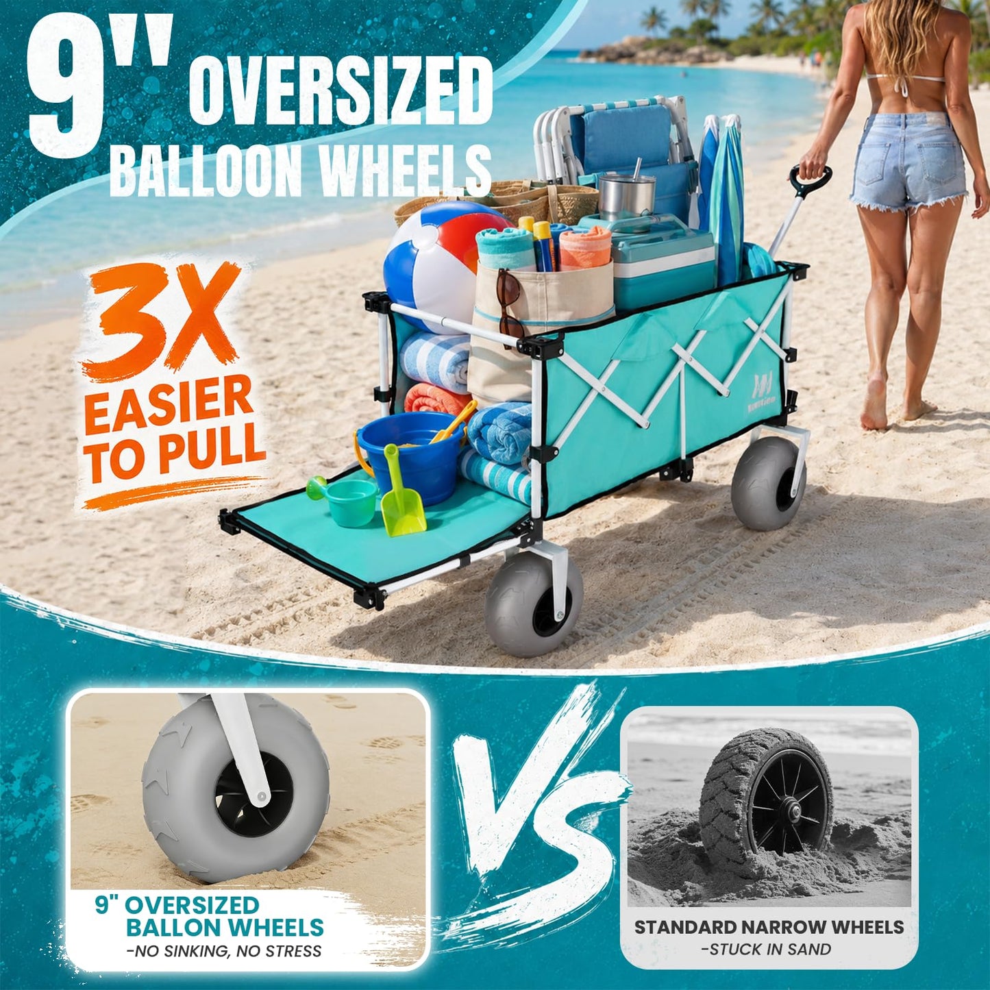 Navatiee 260L Beach Wagon with Extended Tailgate, 440lbs Heavy Duty Beach Cart with 9” Big Balloon Wheels for Sand, Collapsible Folding Wagon with Side Pocket for Outdoor, Light Blue