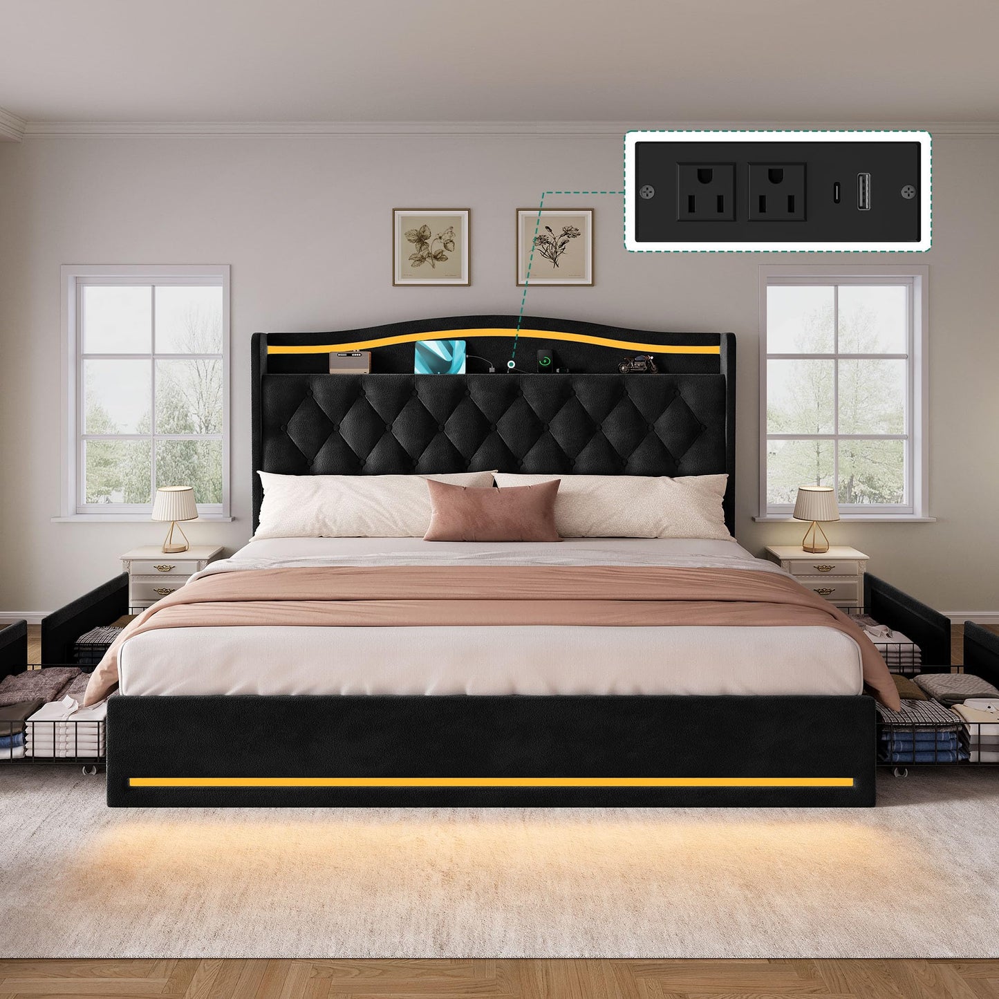YITAHOME King Size Bed Frame with 4 Storage Drawers and RGB LED Lights, 57'' Tall Headboard Velvet Upholstered Bed with Charging Station, No Box Spring Needed, Easy Assembly, Noise-Free, Black