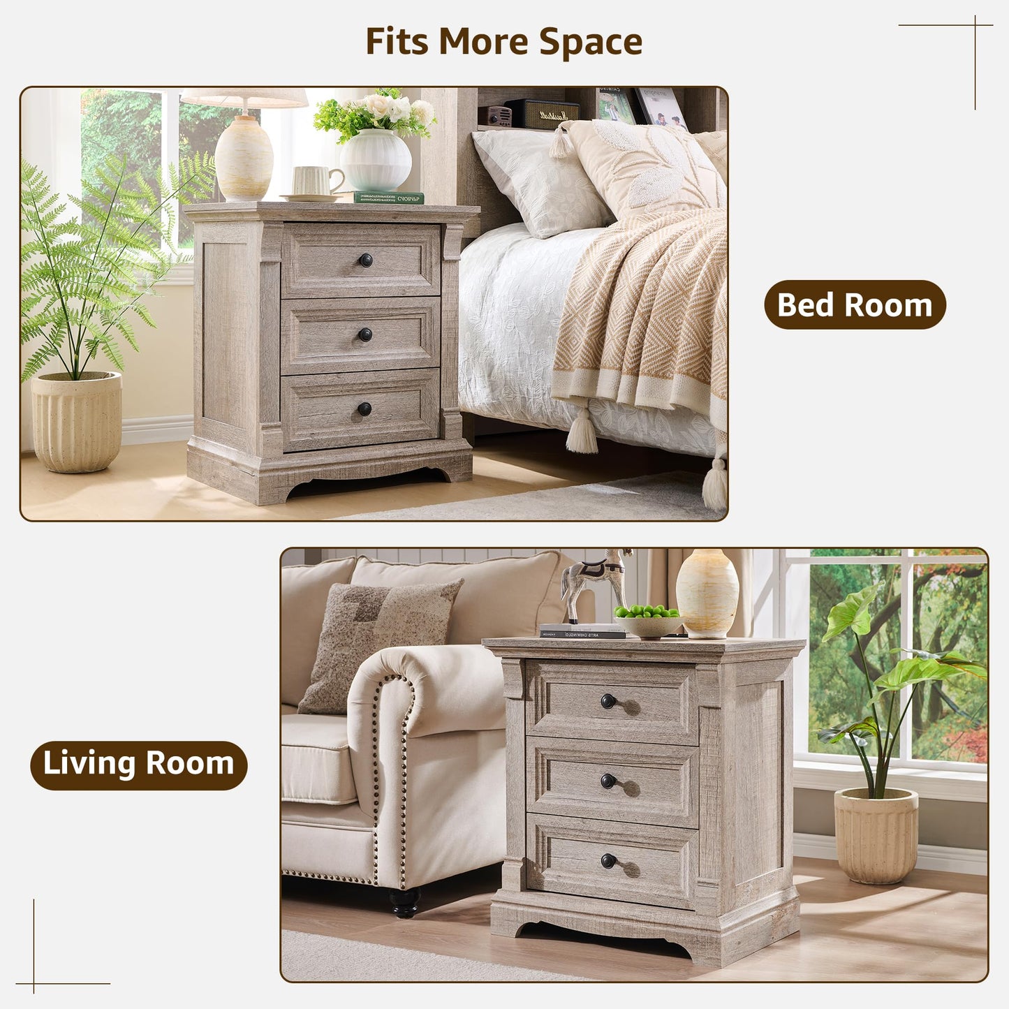 T4TREAM Farmhouse 24" Wide Nightstand with Charging Station, 26" Tall End Table with 3 Drawers Storage, Wood Side Table w/Roman Column, Bedside Cabinet for Bedroom, Living Room, Light Rustic Oak