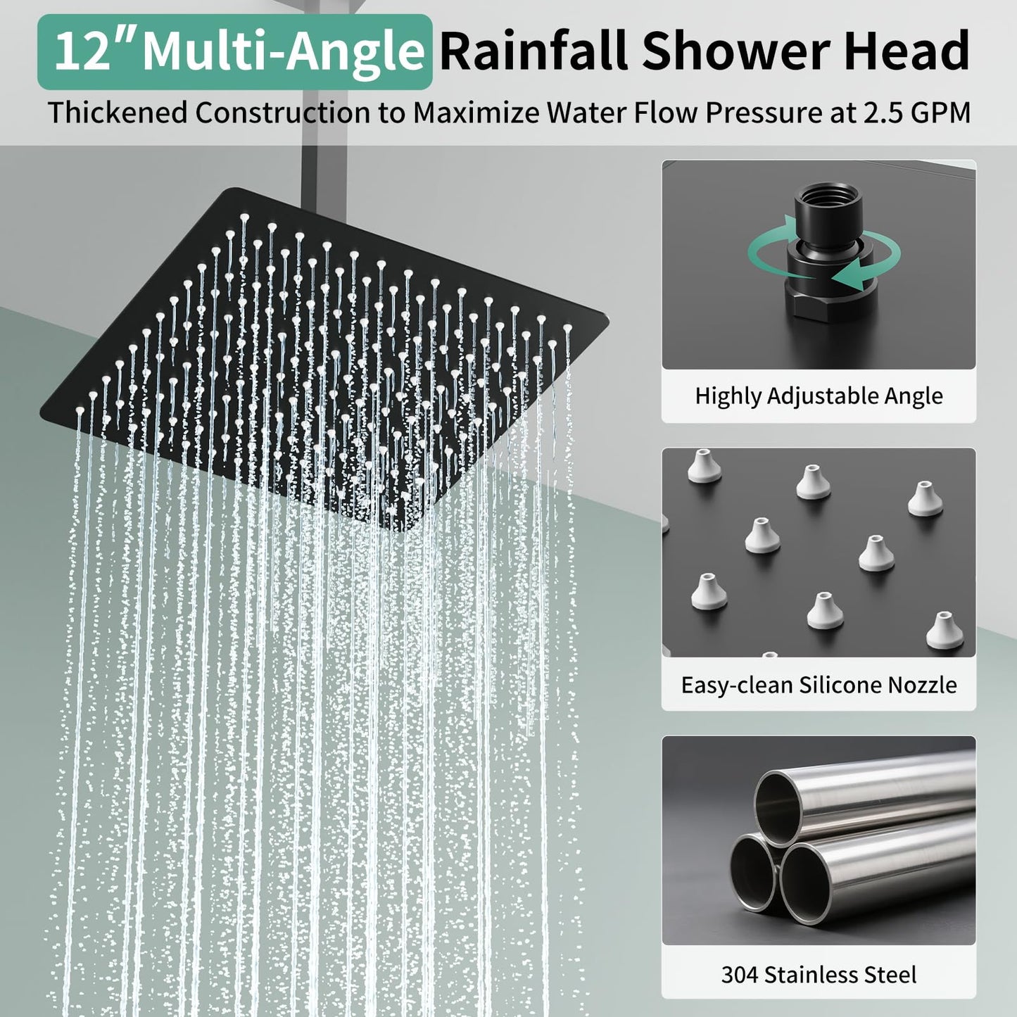 Shower Faucet Set Shower System - SR SUN RISE Matte Black Shower Trim Kit with Dual Shower Head, 12'' Ceiling Rainfall 6'' Wall Mount with Handheld Shower for Couples, Complete 6 Diverter Valve