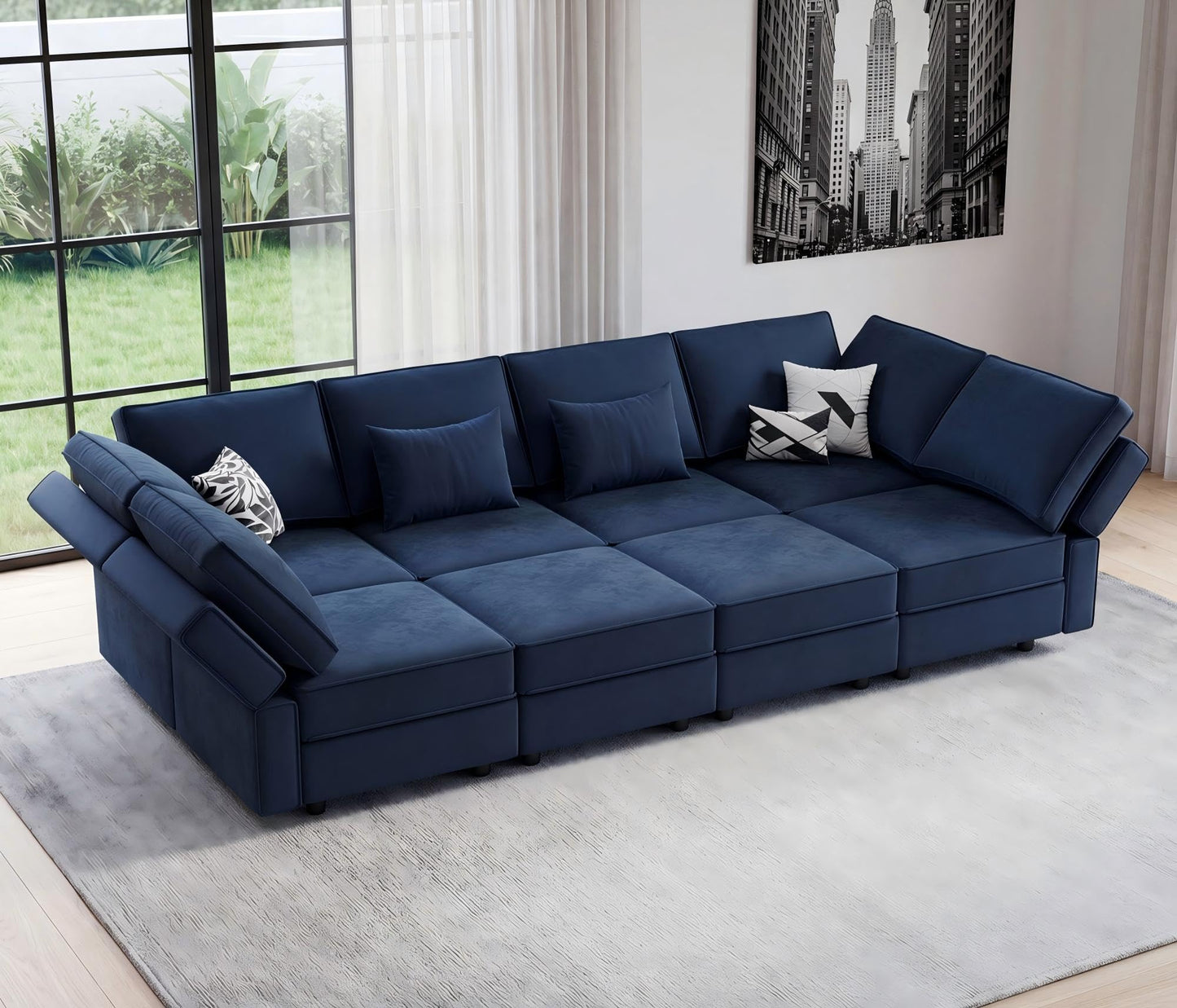 Vesgantti Sectional Sleeper Sofas with Storage, 118" Sofa Bed with 8 Seats Storage Chaises Removable Cover, Deep Seat Modular Couches Velvet Couch Set for Living Room, Apartment, Home Theater, Blue