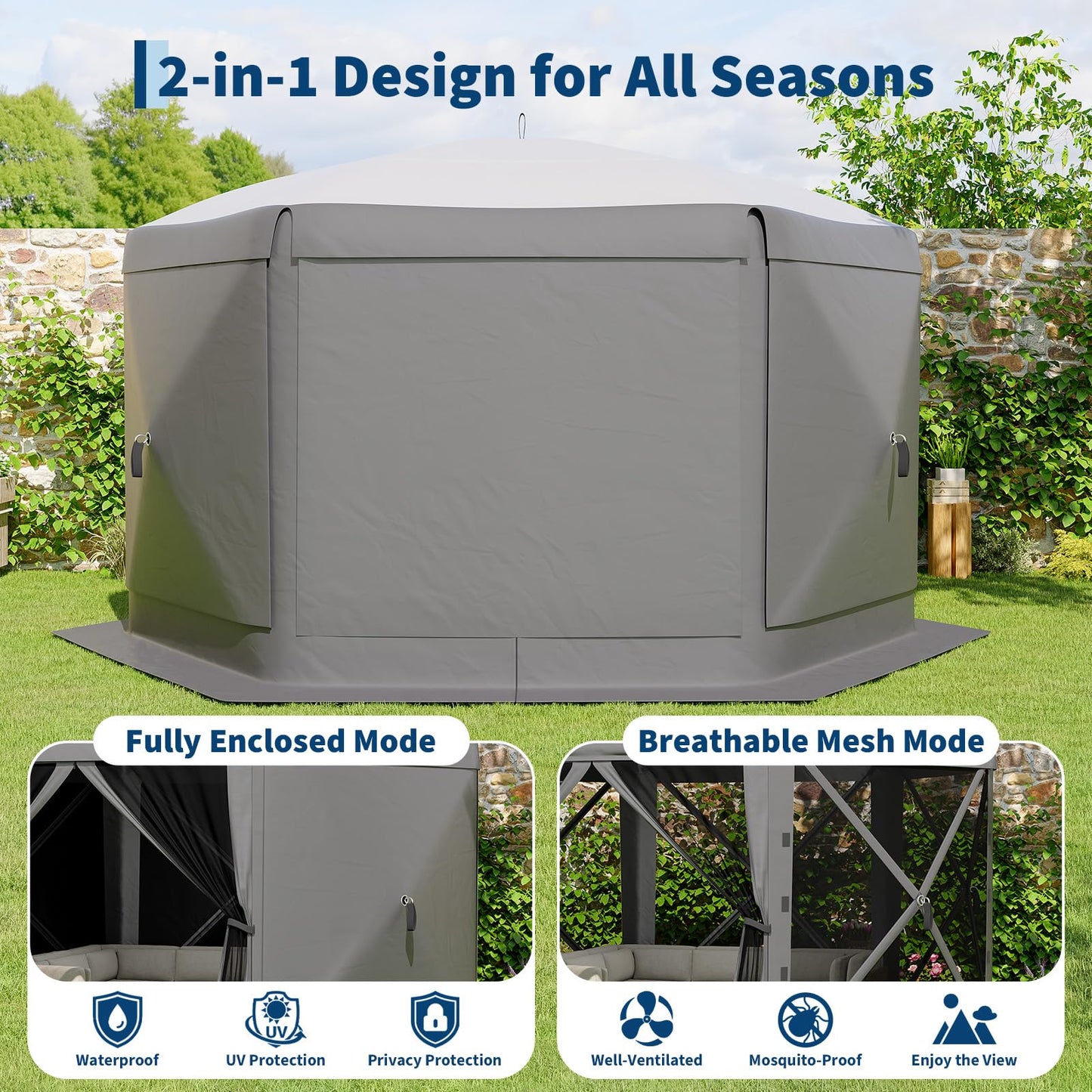 Garvee 13FT Pop-Up Gazebo 6-Sided, Outdoor Canopy Tent with Mosquito Netting & Removable Wind Cloths for Camping, Backyard Parties, Outdoor Events, Grey