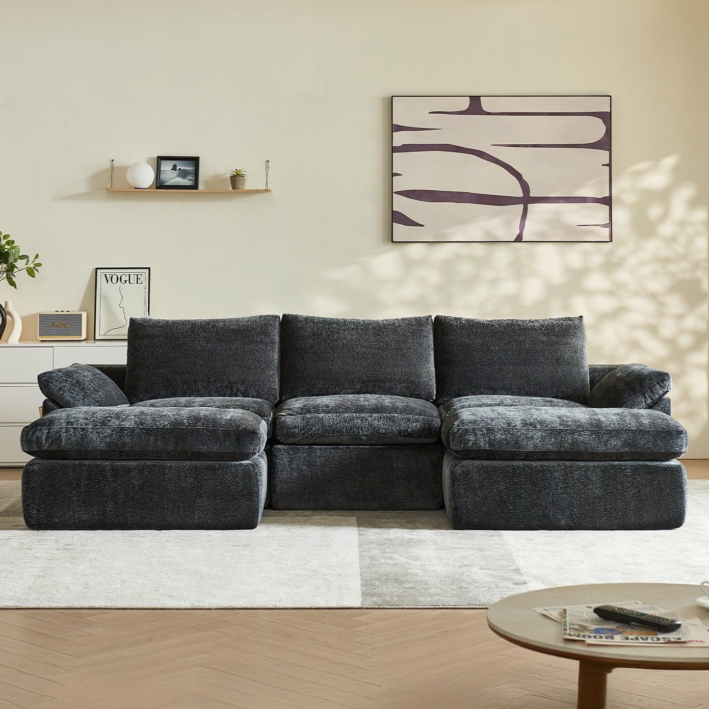 Vamcheer U Shaped Cloud Couch - Utra Soft Modular Sectional Sofa with 2 Movable Ottoman, Deep Seat Boneless Couches for Living Room, Bedroom, Office, No Assembly Required, Grey
