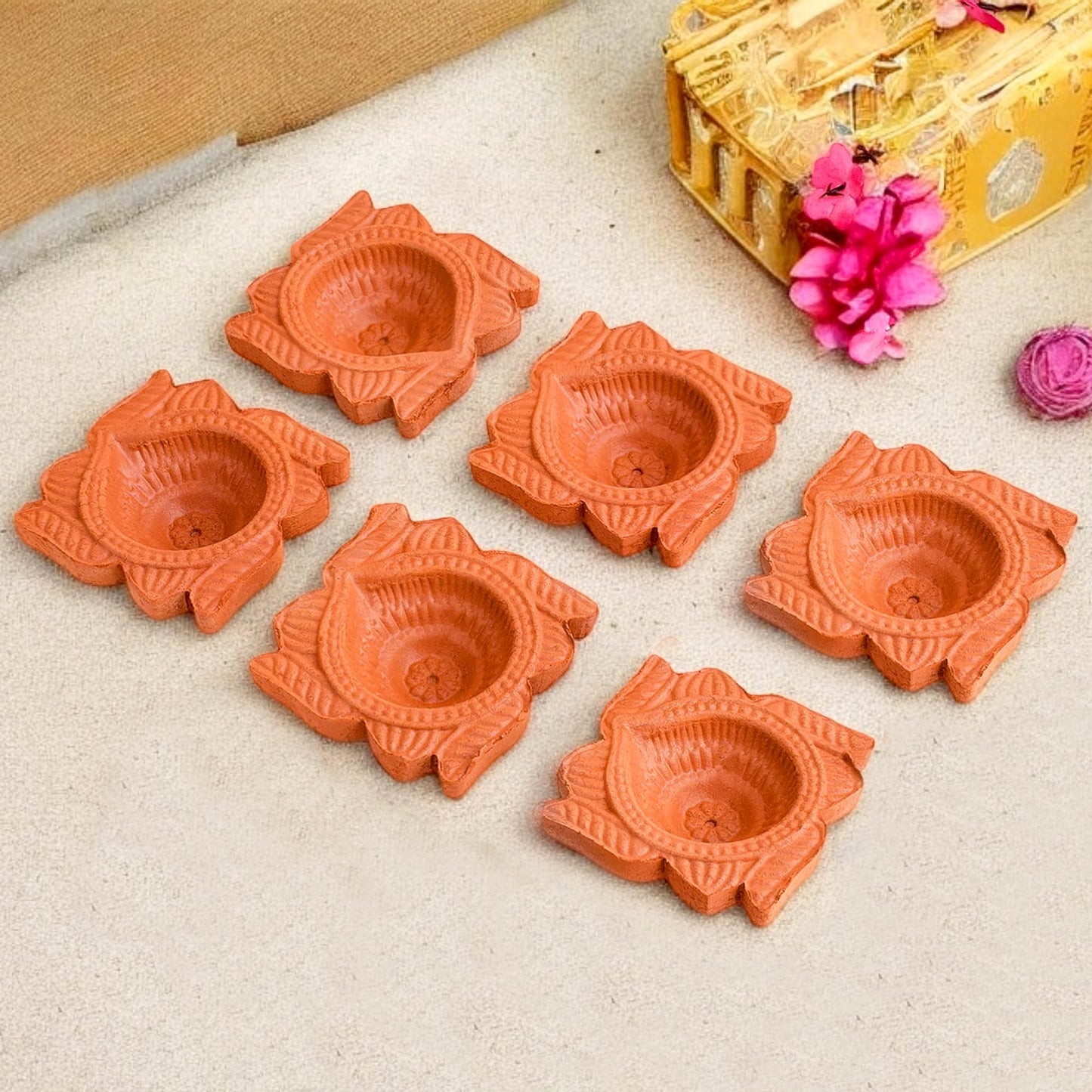 Craftsman 12 Pc Clay Diya Set for Diwali, Handmade Terracotta Oil Lamps, DESIGN 1, Brown, Model DIYA113