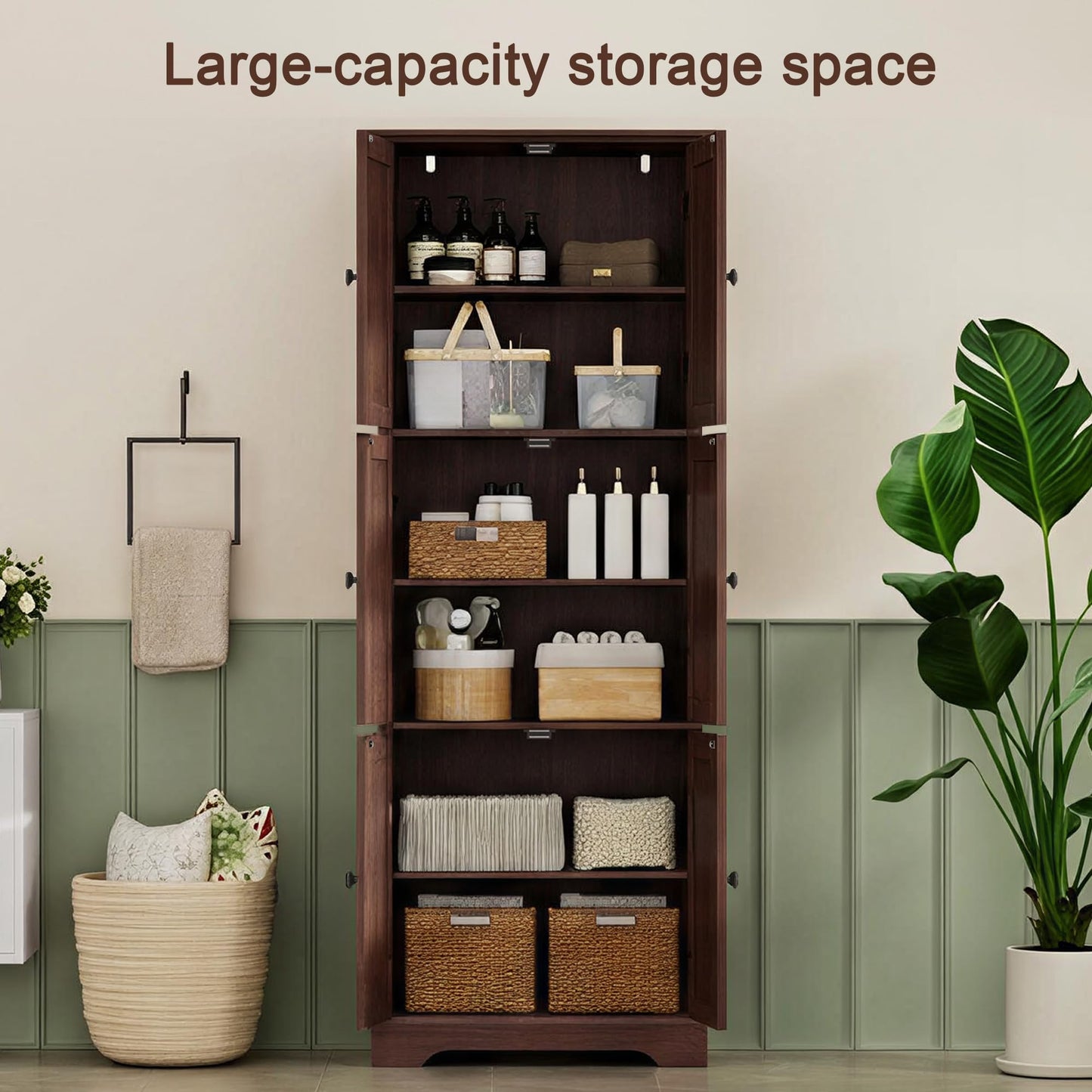 ChooChoo Tall Bathroom Storage Cabinet with 6 Doors, Freestanding Floor Cabinet with Adjustable Shelves, Rustic Walnut Pantry Cabinet for Bathroom, Kitchen, Laundry Room