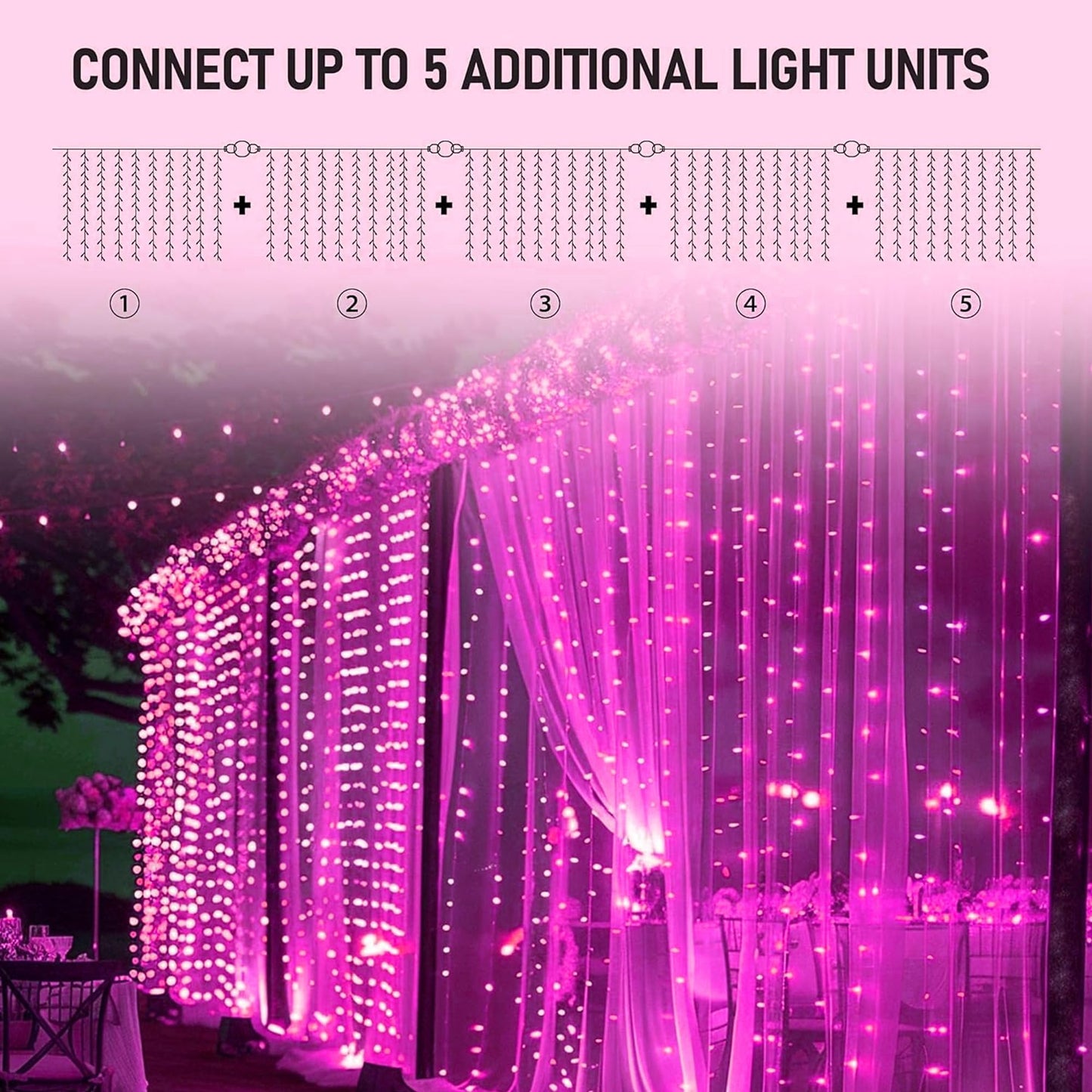 Dazzle Bright 300 LED Curtain String Lights, Waterproof, 8 Modes, Pink, Model CL-300CC
