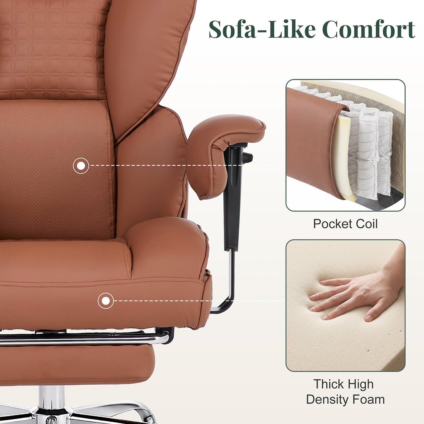 HAPPYMONT Big and Tall Ergonomic Office Chair,350 lbs,High Back Reclining PU Leather Gaming Chair with Footrest, Adjustable Armrests, Lumbar Support, Executive Desk Chair for Home Office, Brown