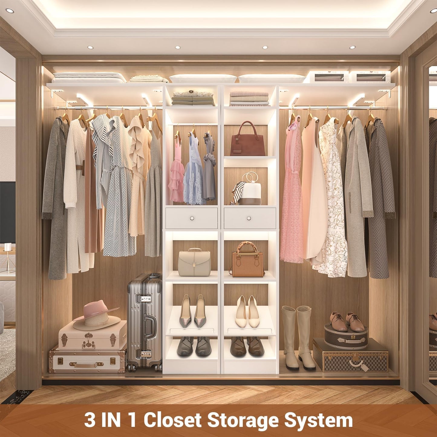 Unikito 58" W - 90" W Closet System, Large Walk in Closet Organizer with 3 Hanging Rods and Shelves, Heavy Duty Wood Closets Wardrobe with 2 Drawer & Shoe Rack, Sturdy Reversible Clothing Racks, White