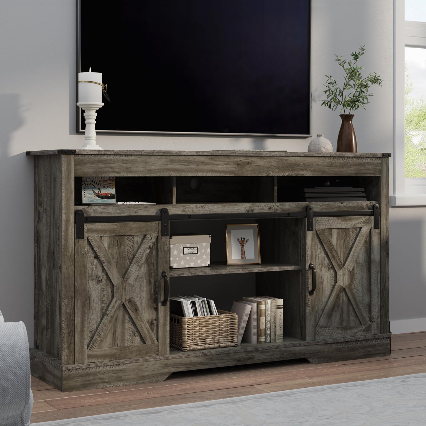 RoyalCraft Farmhouse TV Stand for 23" Electric Fireplace, 34'' Tall Entertainment Center for 65+ Inch TV, 34" Tall Rustic TV Console with Sliding Bar Door for Living Room (Light Grey)