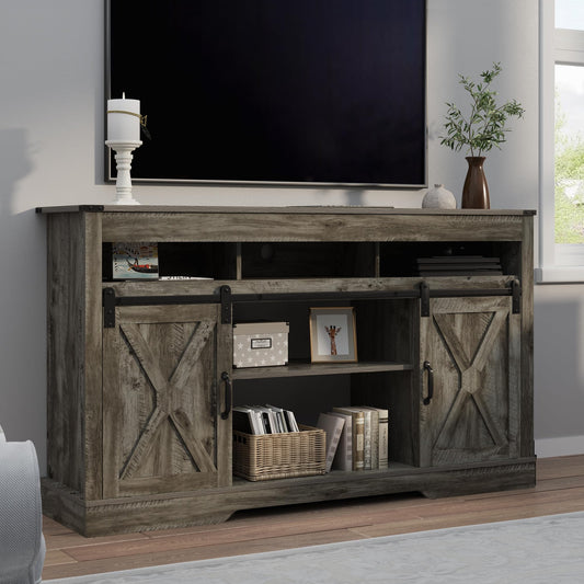 RoyalCraft Farmhouse TV Stand for 23" Electric Fireplace, 34'' Tall Entertainment Center for 65+ Inch TV, 34" Tall Rustic TV Console with Sliding Bar Door for Living Room (Light Grey)