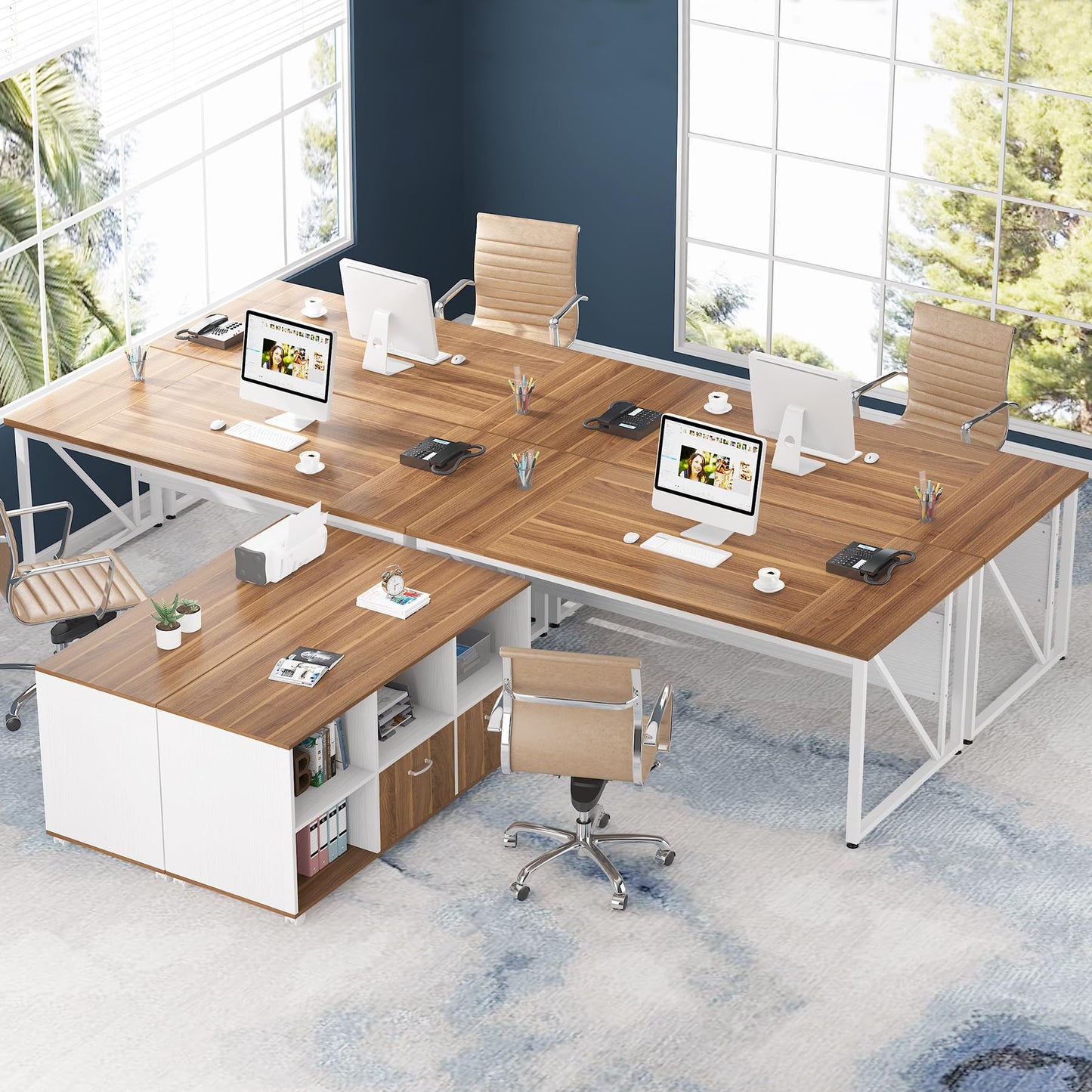 Tribesigns 63 inches Executive Desk and 47" lateral File Cabinet, L-Shaped Computer Desk Home Office Furniture Set with Drawers and Storage Shelves, Office Table with Cabinet (Walnut+White, 63)