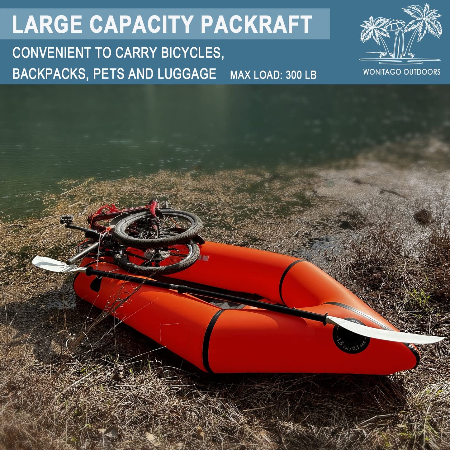 WONITAGO Packraft TPU Inflatable Travel Kayak with Soft Seat Lightweight Packrafts for Flat Water Rafting/Bicycle Drifting/Litewater Dinghy, 1 Person, 6.8Ft, Orange