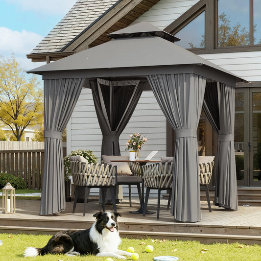 Aoxun 8x8 Outdoor Gazebo for Patio, Metal Frame Canopy Gazebo Double Roof Heavy Duty Small Gazebo, Backyard Gazebo with Mosquito Netting & Privacy Screen for Garden Lawn Deck (Grey)