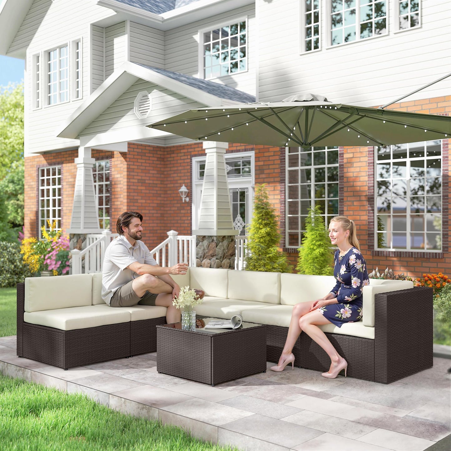 Outsunny 7 Piece Patio Furniture Set, Wicker Outdoor Sectional Sofa Set, All Weather PE Rattan Outdoor Furniture Conversation Sets with Cushions, Glass Top Coffee Table, Cream White
