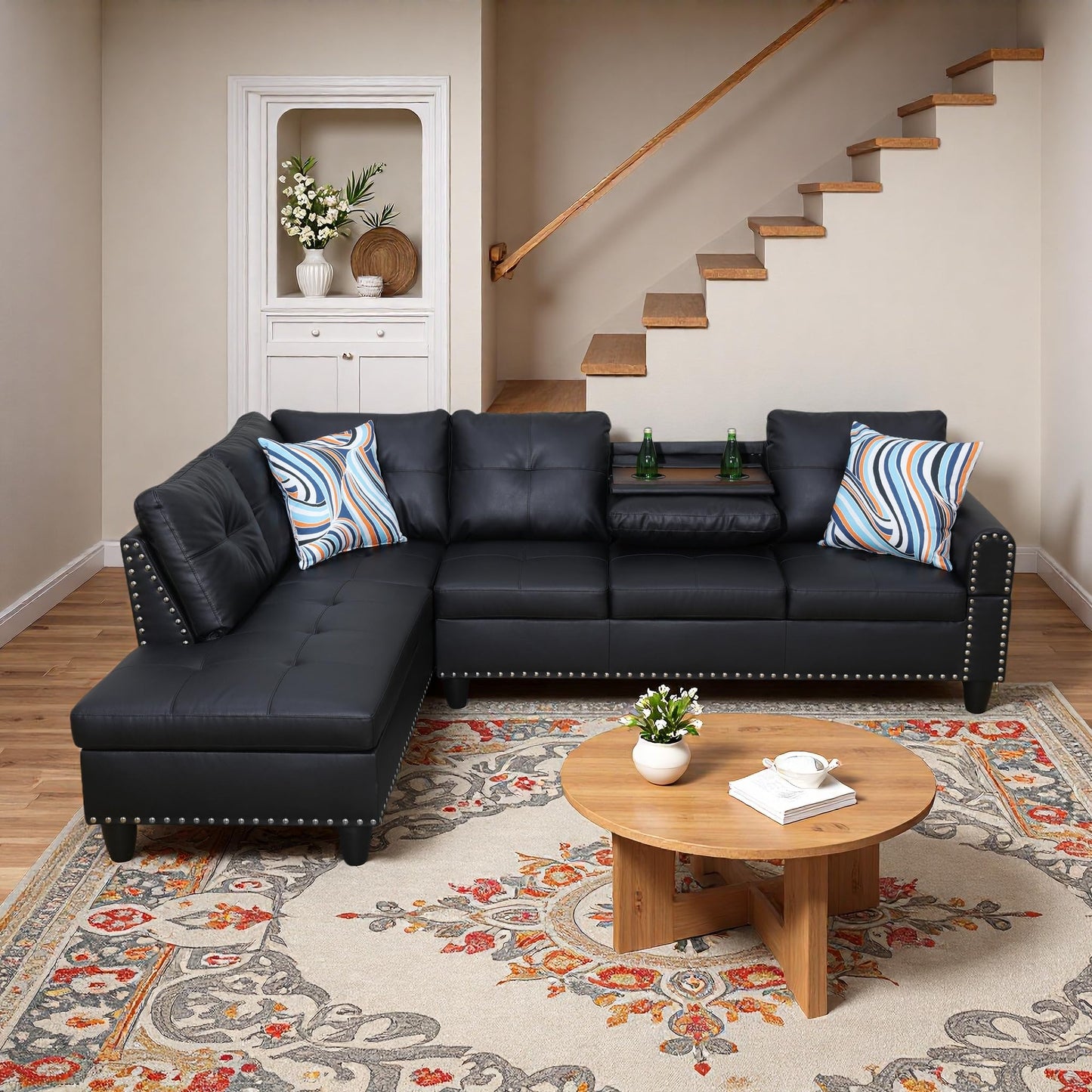 Trygoal L-Shaped Sectional Sofa, Modern 4-Seat Couch with Built-in Cup Holders, Leather Sectional Couch with Left Facing Chaise for Living Room, Apartment, Office, Black