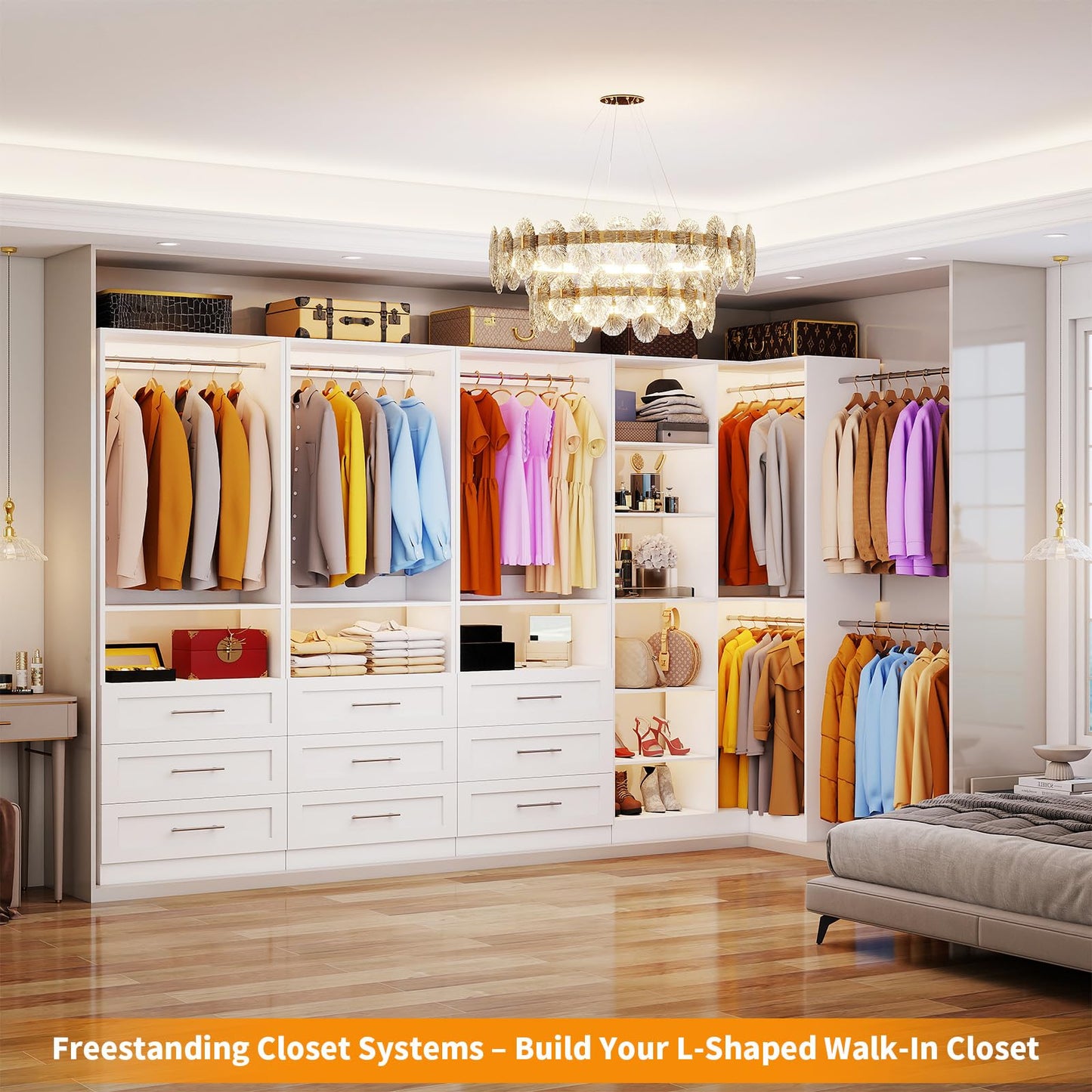 Closet System with 9 Drawers, Corner Closet Organizer Systems with 9 Shelves & 9 Hanging Rods L-Shaped Walk in Closet Freestanding Corner Tower Modular Storage System 4 Sets 2800+ Lbs Capacity White