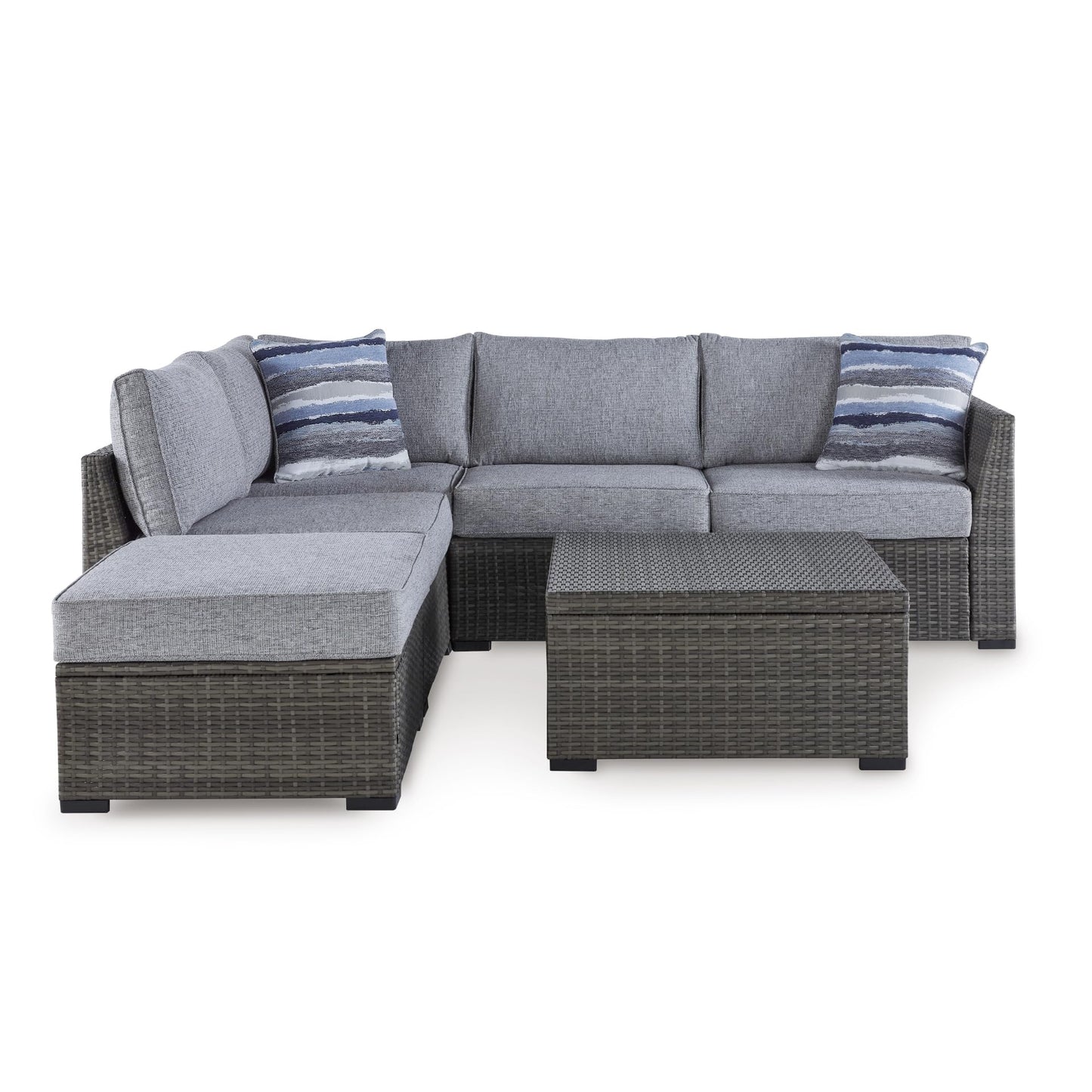 Signature Design by Ashley Petal Road Casual Nuvella Weather Resistant Fabric, Cushioned Outdoor Loveseat Sectional/Ottoman/Table Set with 2 Throw Pillows, Set of 4, Gray