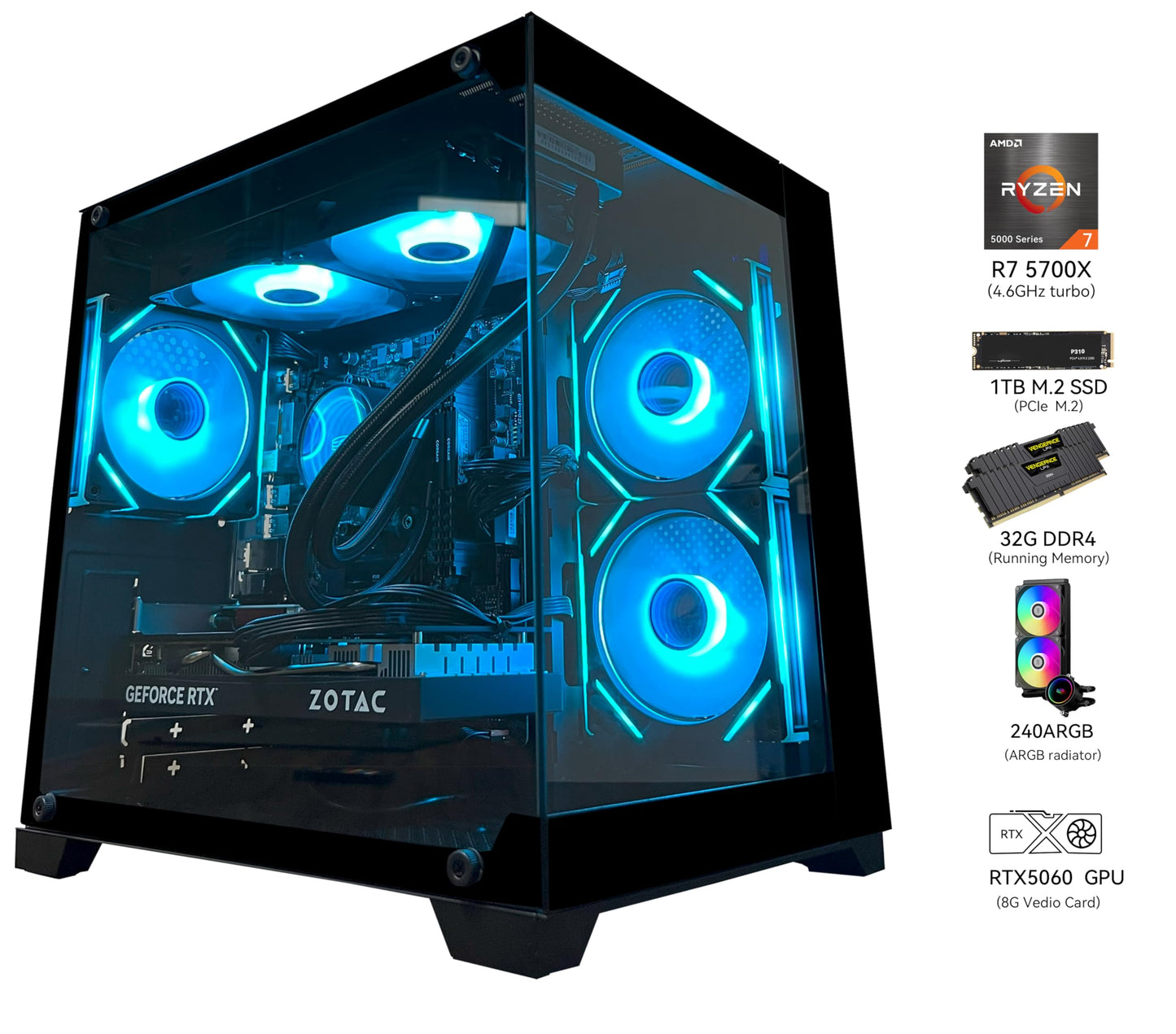 YAWYORE Gaming PC, AMD Ryzen 7 5700X, GeForce RTX 5060 Desktop Computer