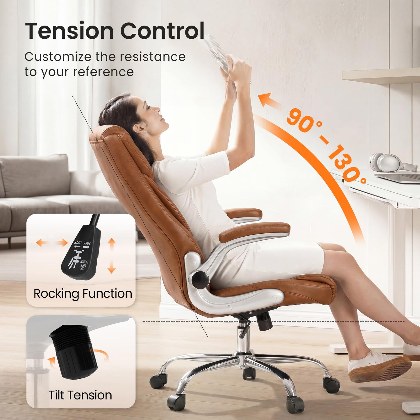NEO Chair Executive Office Chair High Back Ergonomic Computer Desk Chair with Adjustable Lumbar Support Padded FILP-up Arms PU Leather Comfy Task Tilt Swivel for Home (Brown)