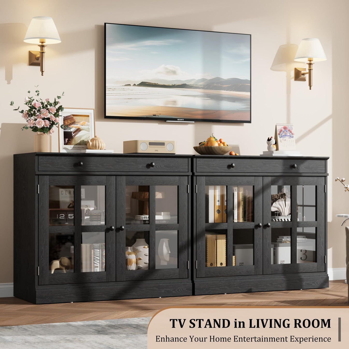 GAOMON 35.4" Modern Black Sideboard Buffet Cabinet with Glass Door, 3 Drawers & 3 Adjustable Shelves, Kitchen Coffee Bar Cabinet, 35.4" W x 30.6" H x 15.7" D