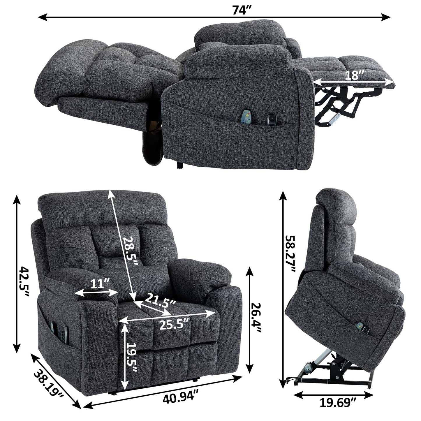 GDFStudio Oversized Power Lift Recliner Chair with 4 OKIN Motors Heat and Massage Lay Flat Electric Reclining Sofa Chair with Cup Holders Side Pockets Dual Remote Controls, Grey