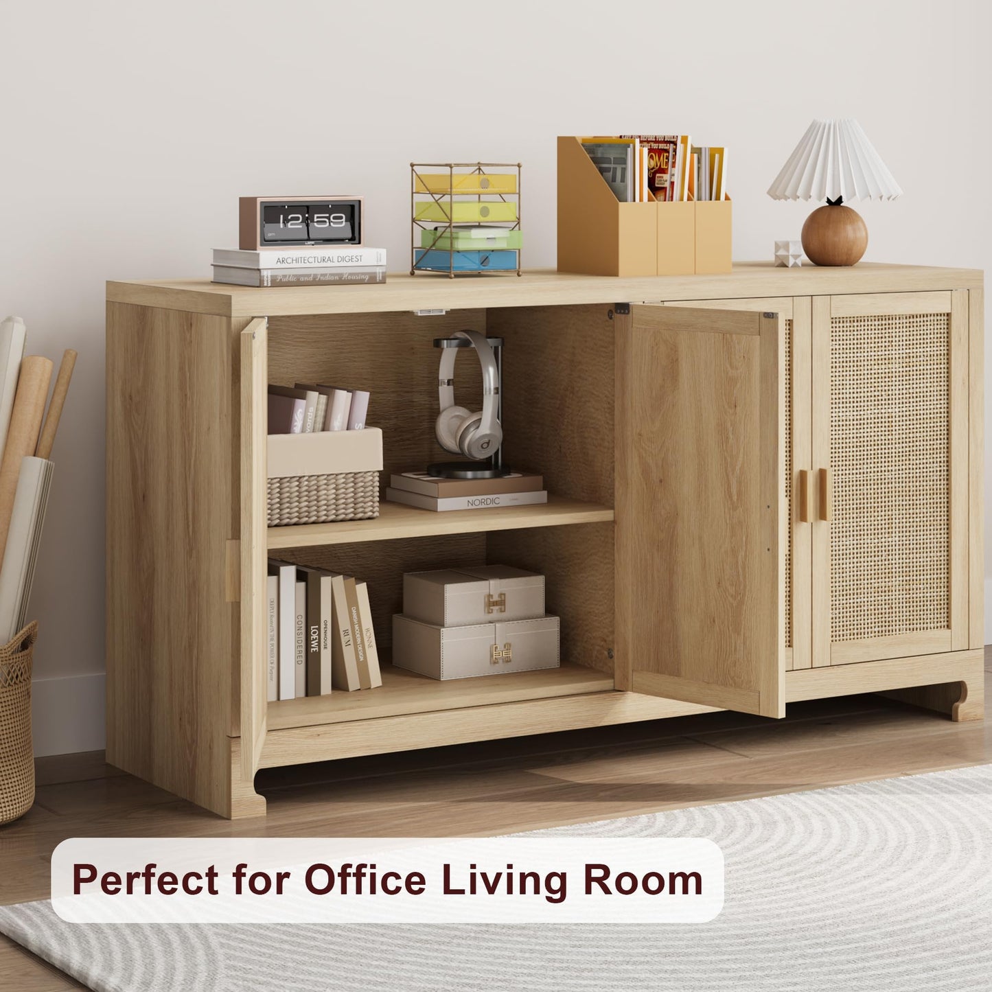 Garvee 40 in Modern Boho Storage Cabinet with Woven Rattan Doors - Adjustable Shelf, Multifunctional TV Stand, Coffee Bar & Entryway Console Table for Kitchen, Living Room (Oak Brown)