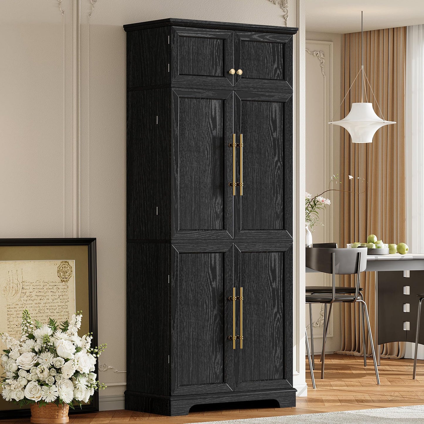 Merax 78.2" Tall Kitchen Pantry Storage Cabinet, Farmhouse Freestanding Large Cupboard with Hidden Drawer, Cabinet, 4 Adjustable Shelves, 8 Door-Shelf & 7 Wine Rack for Dining Room, Ash Black