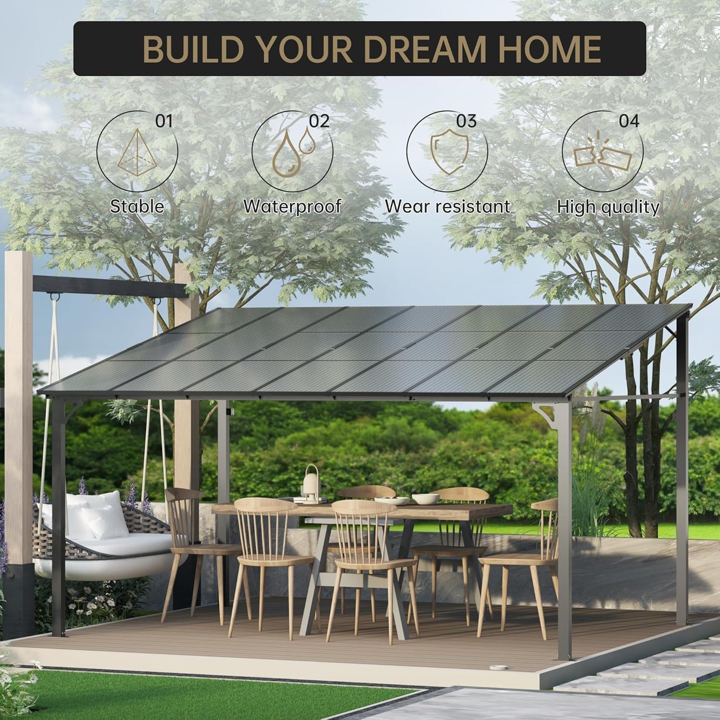 10x14 ft Wall Mounted Gazebo, Hardtop Lean to Pergola with Sloped Roof & Gutters, Heavy Duty Outdoor Awning for Patio, Deck, Porch, Backyard – Black