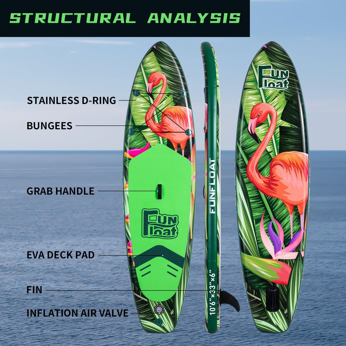 Fun Float SUP, Paddle Board 11'x33 x6 Wide Inflatable Stand Up Paddle Board with Hand Pump, Leash, Adjustable Paddle for Basic Version, 100L Backpack, All-Round Sup Board, Flamingo