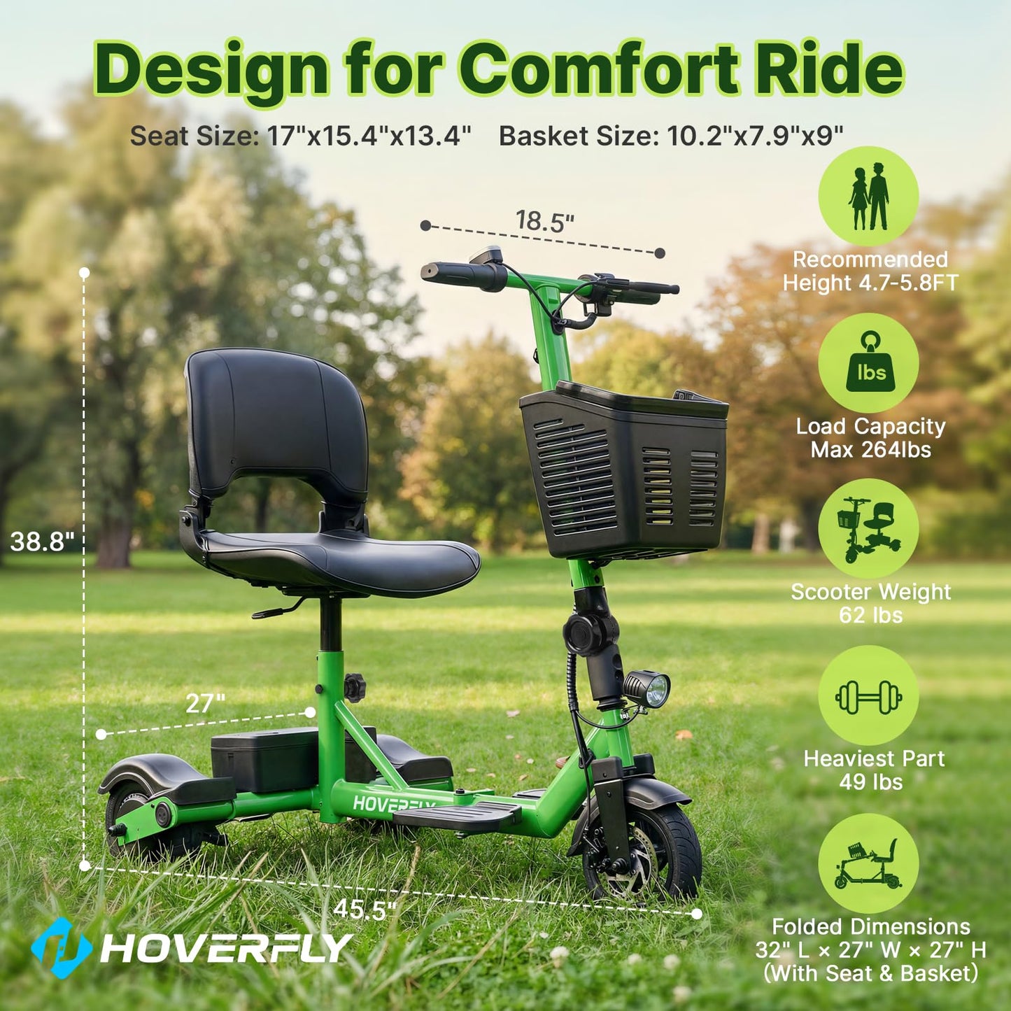 Hoverfly T3 Folding Powered Mobility Scooter for Seniors, Portable 3-Wheel E-Scooter with Seat, 13-Mile Range Safe LiFePO4 Battery, 264lbs Load&Solid 8" Tires, Fits in Car Trunks for Daily Rides Green