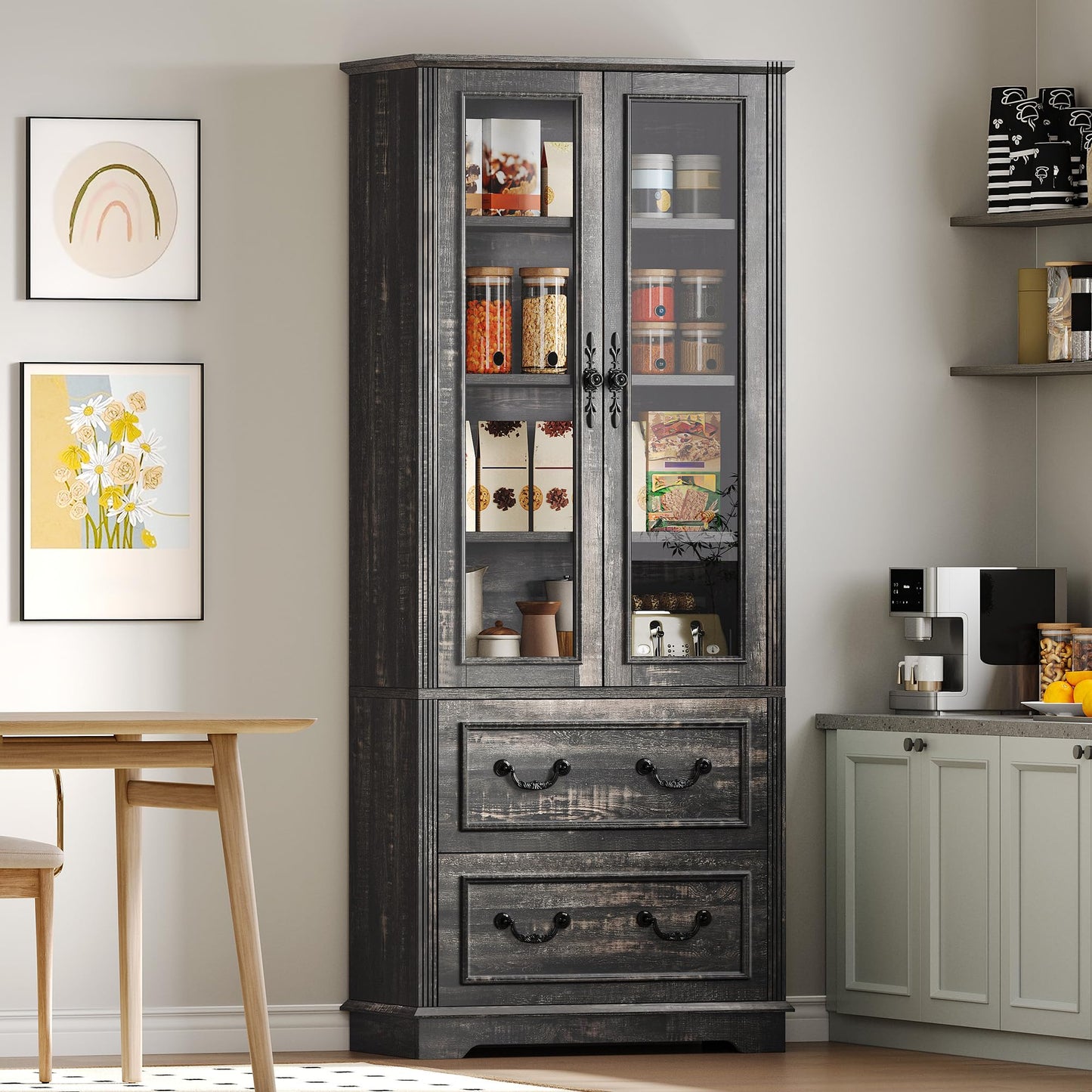 DWVO 76" Storage Cabinets, Freestanding Kitchen Pantry with Adjustable Shelves & Drawers, Farmhouse Glass Display Cabinets Tall Cupboard for Dining Room, Living Room, Dark Rustic