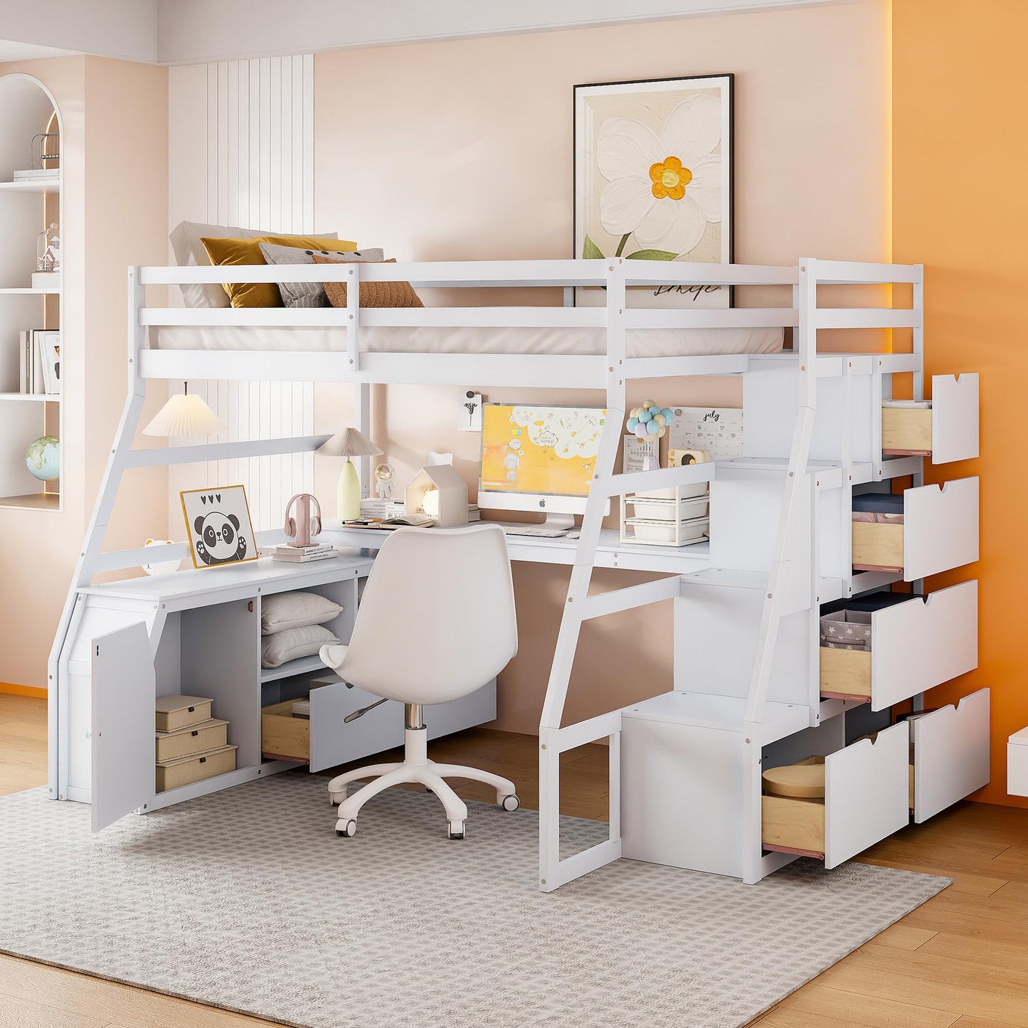 Su & Chan Legence Full Size Bed with Pinewood Frame and Desk, Loft Bed with 7 Drawers and 2 Shelves, Natural Wood Grain Look, White
