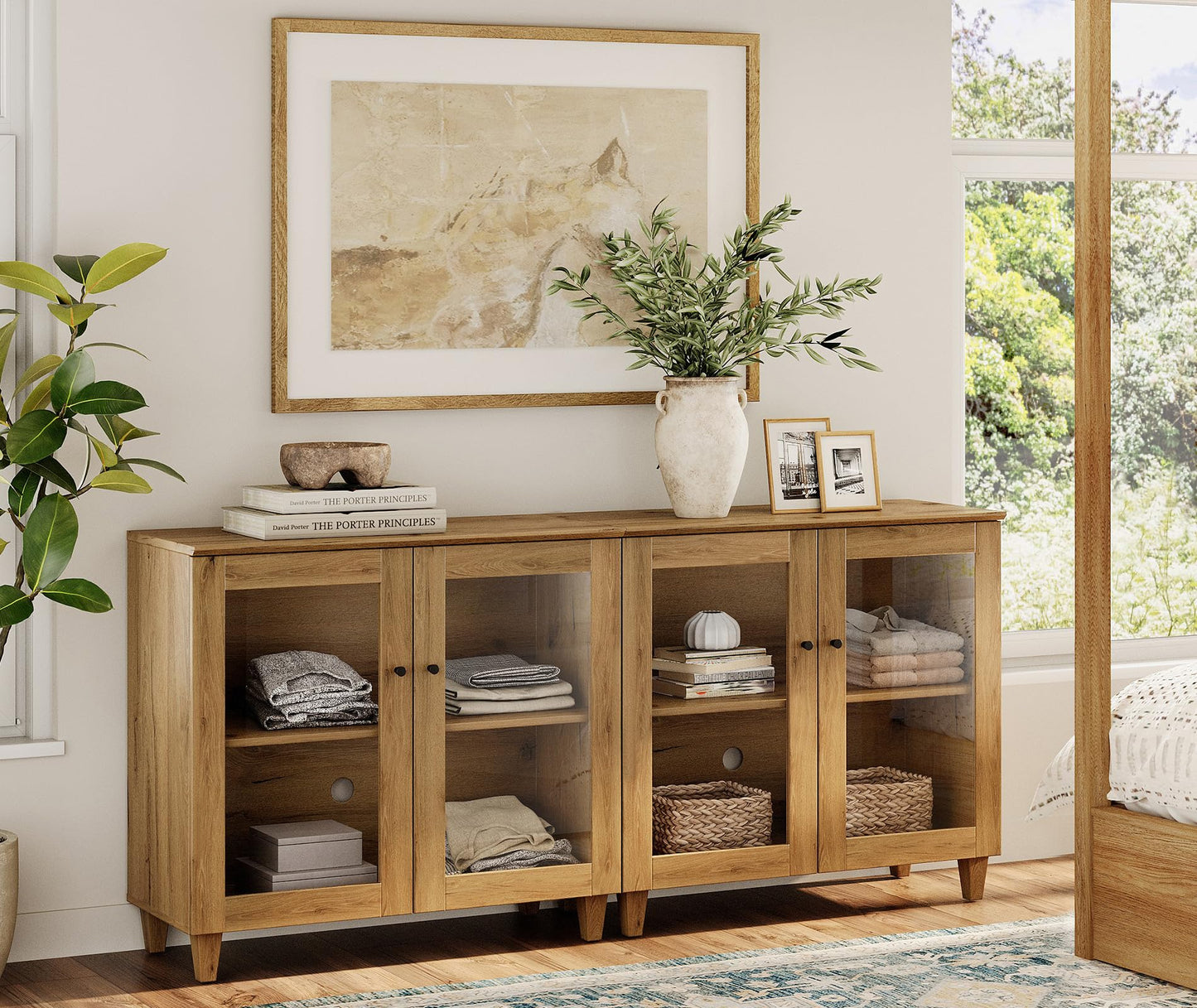 WAMPAT TV Stand for 75+ Inch TV, Media Console w/Glass Doors, Oak Brown