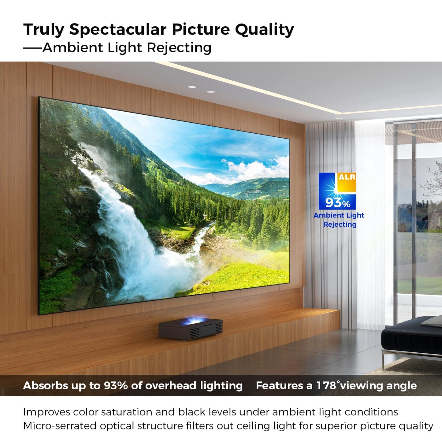 120inch Ambient Light Rejecting ALR Projector Screen for Home Theater, 16:9 4K/8K Ultra Edge Free Fixed Frame Ceiling Light Rejecting Screen for Ultra-Short Throw Projector & Laser Projector