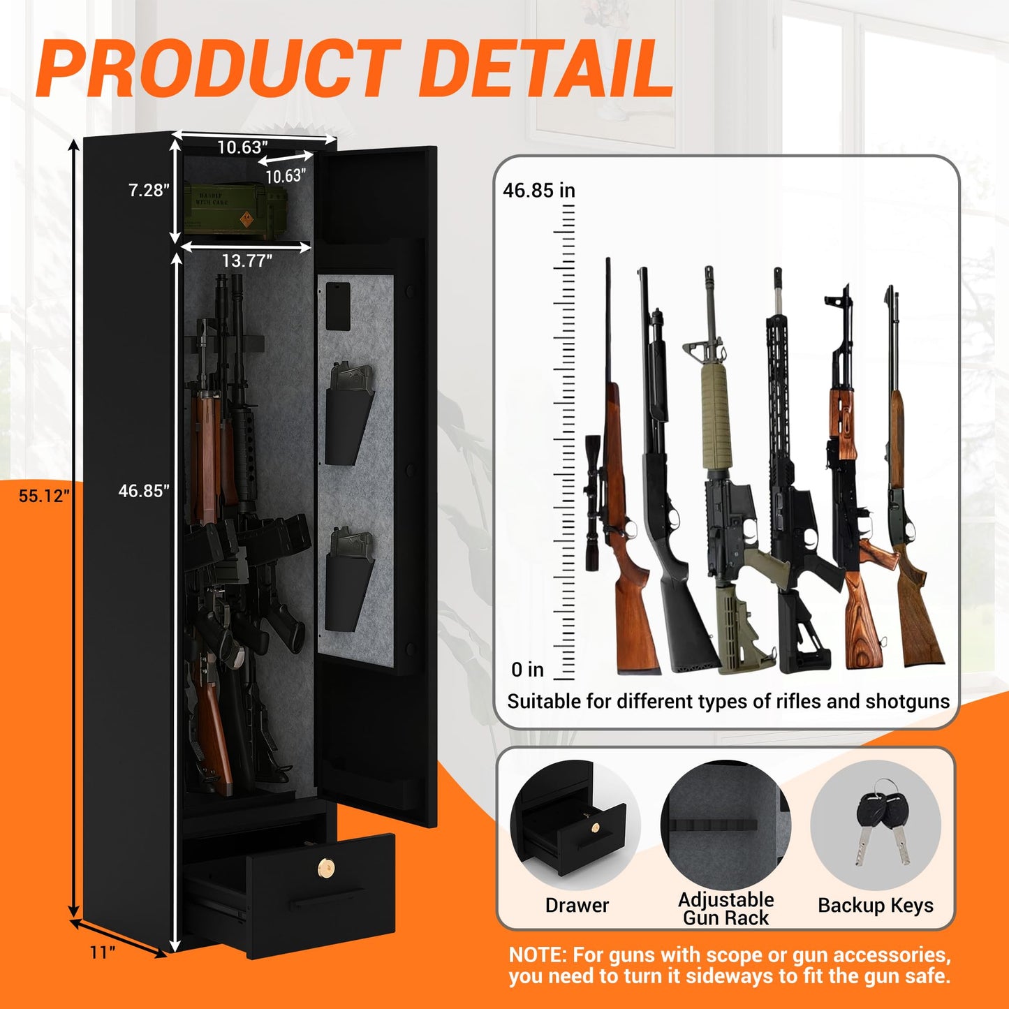 Rifle & Pistol Gun Safe, Quick Access with Fingerprint Lock & Backlit Digital Keypad, Heavy Duty Gun Cabinet with Removable Shelves, Pistol Pockets & Dual Alarm - Home Security Shotgun Locker
