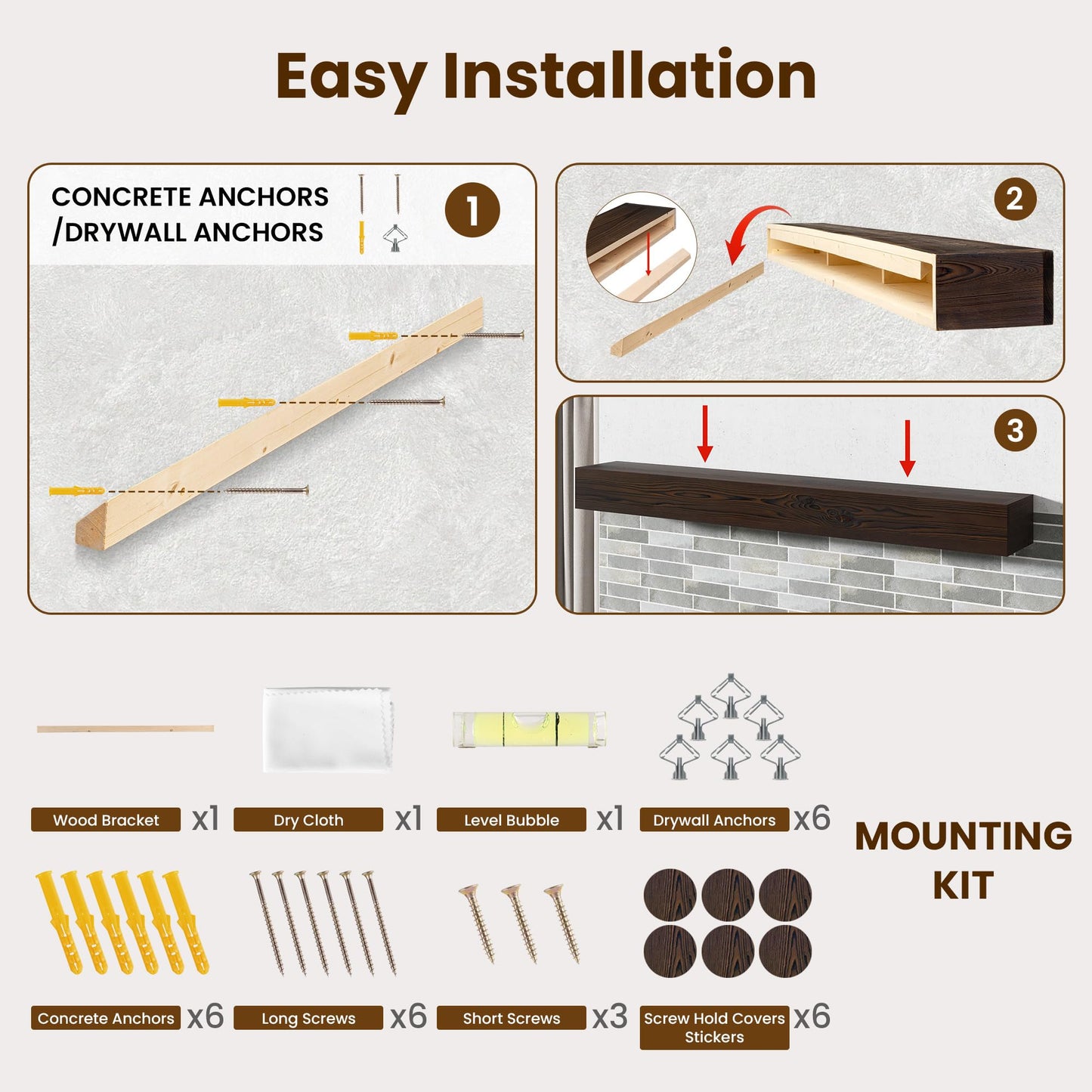 Acovy Floating Fireplace Mantel Shelves, 72x8x5 Inches Natural Wooden Floating Shelf for Over Fireplace, Wall-Mounted Mantel Shelf for Living Room and Home Decor, Rustic Brown