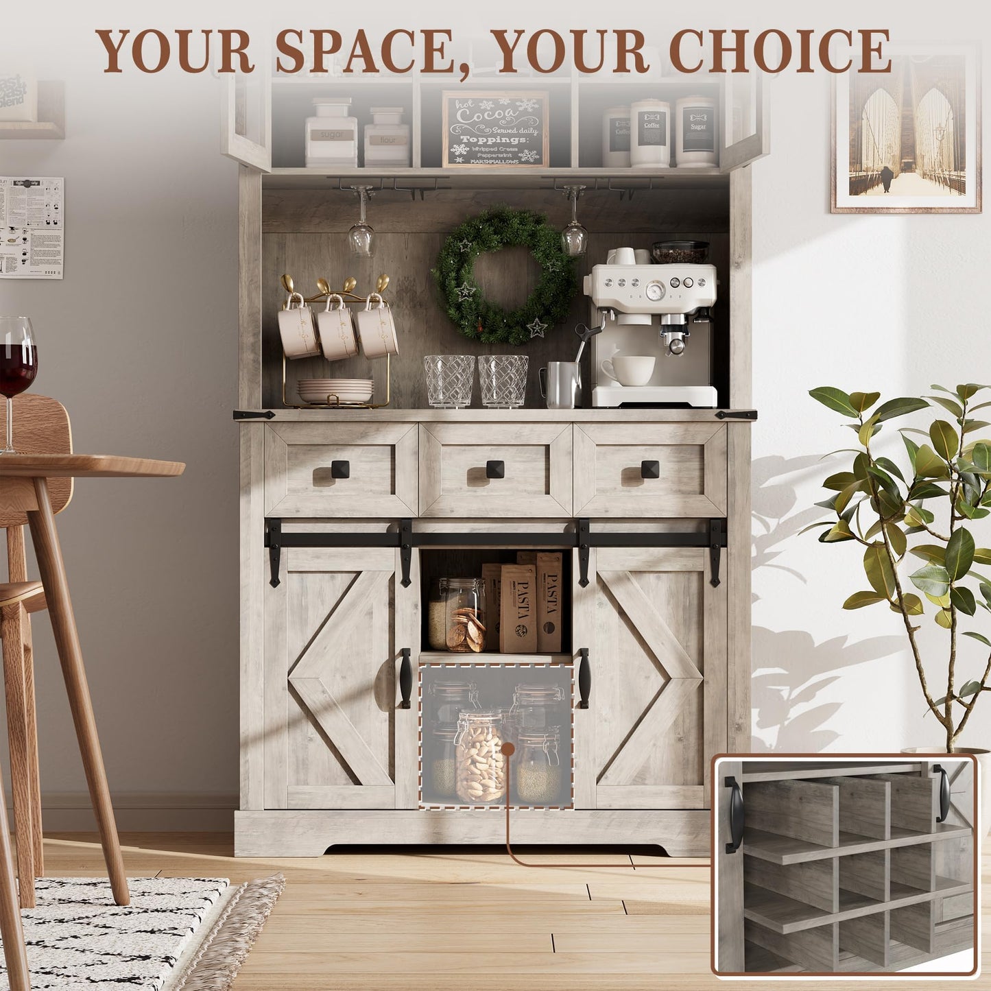 72 in Farmhouse Bar Cabinet with Sliding Barn Door, Tall Kitchen Buffet with Storage Hutch and 3 Drawer, Rustic Coffee Wine Bar Sideboard with Wine & Glasses Rack, for Living Room, Washed Grey
