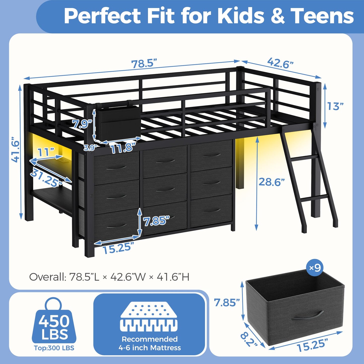 IZLKQC Twin Loft Bed with 9 Storage Drawers, Charging Station, LED Lights & 2 Shelves, Heavy Duty Metal Twin Low Loft Bed with Guardrail, Twin Size Low Loft for Kids & Teens (Black)
